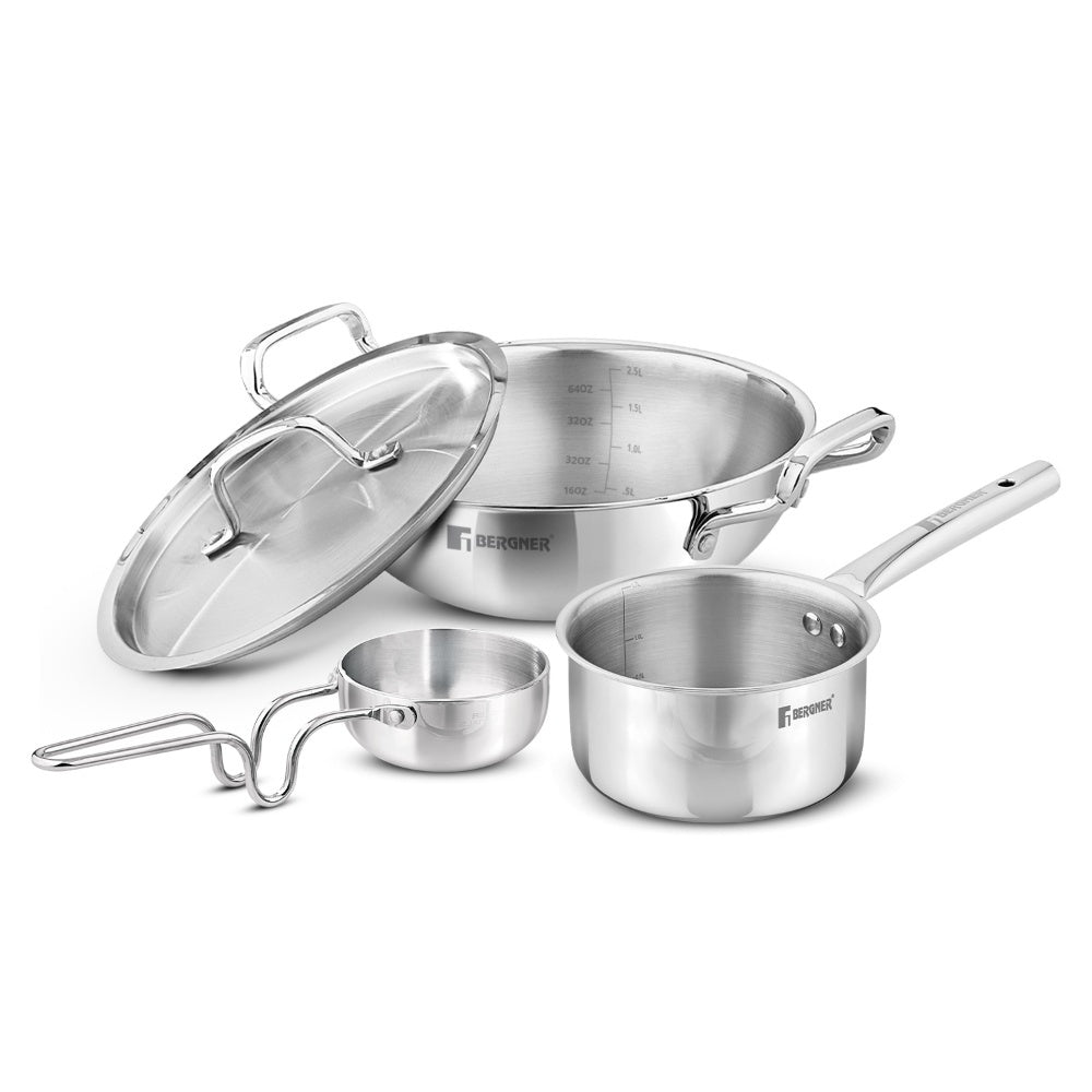 TriPro 4 Pcs Tri-Ply Stainless Steel Cookware Combo - Induction Bottom