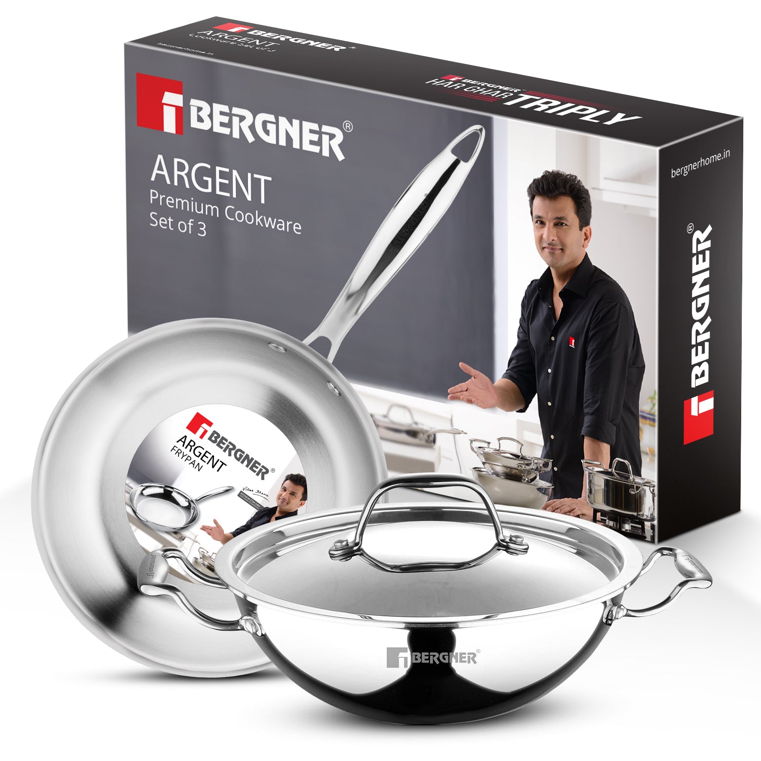 Bergner Argent Triply 3 Pcs Cookware Set - Induction and Gas Stove Ready