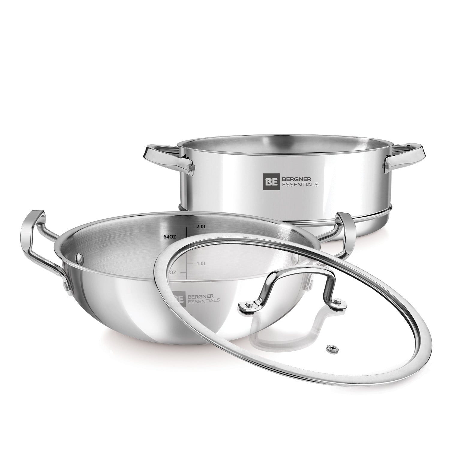 Bergner BE Bergner Essentials Tri-Ply Stainless Steel 3 Pcs Cookware Set - 24 cm Kadai and Steamer with Common Flat Glass Lid - Induction Bottom (5-Year Warranty)