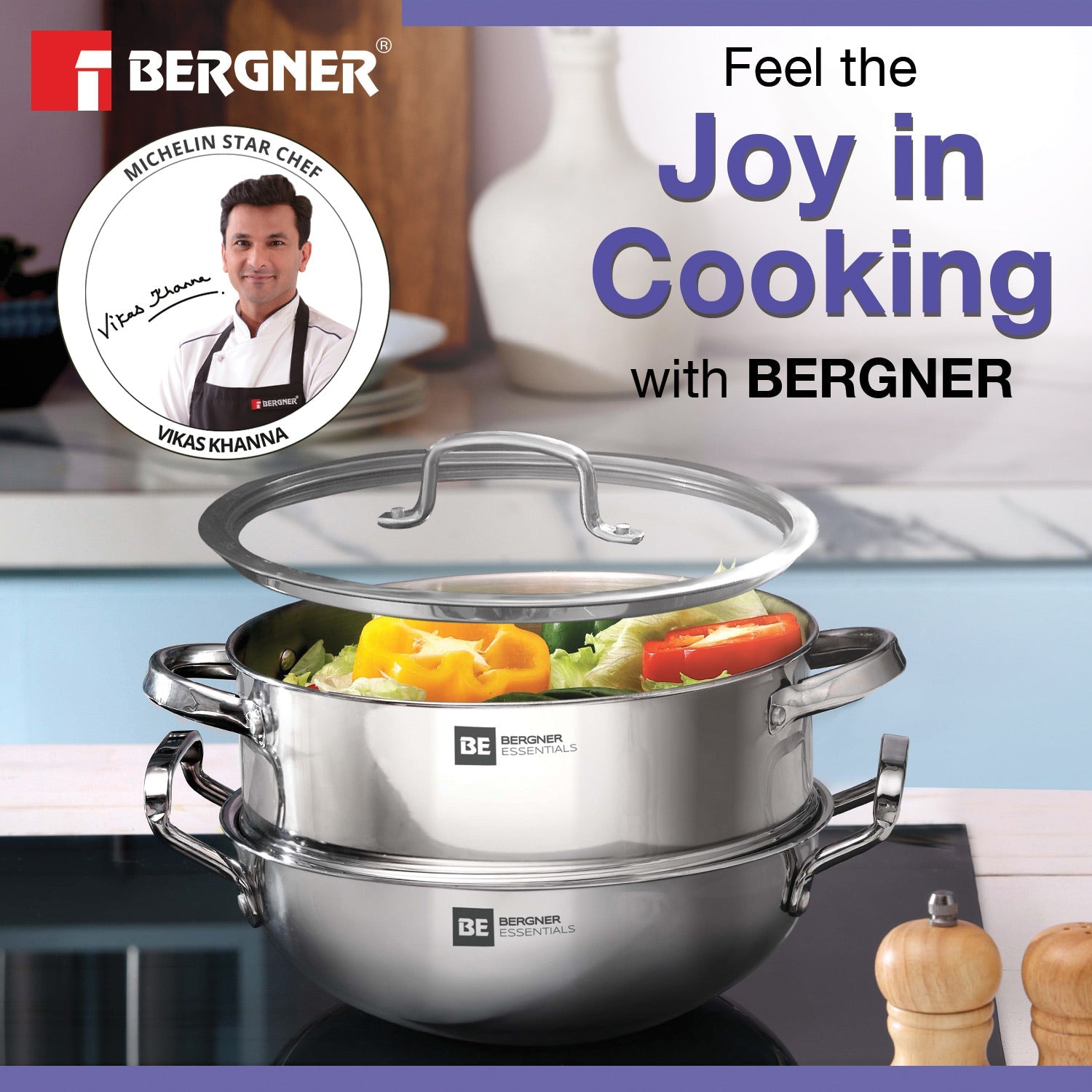 Bergner BE Bergner Essentials Tri-Ply Stainless Steel 3 Pcs Cookware Set - 24 cm Kadai and Steamer with Common Flat Glass Lid - Induction Bottom (5-Year Warranty)