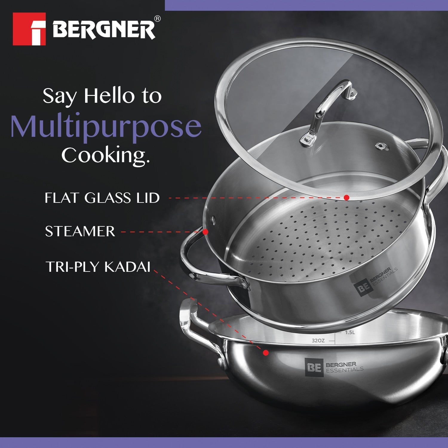 Bergner BE Bergner Essentials Tri-Ply Stainless Steel 3 Pcs Cookware Set - 24 cm Kadai and Steamer with Common Flat Glass Lid - Induction Bottom (5-Year Warranty)