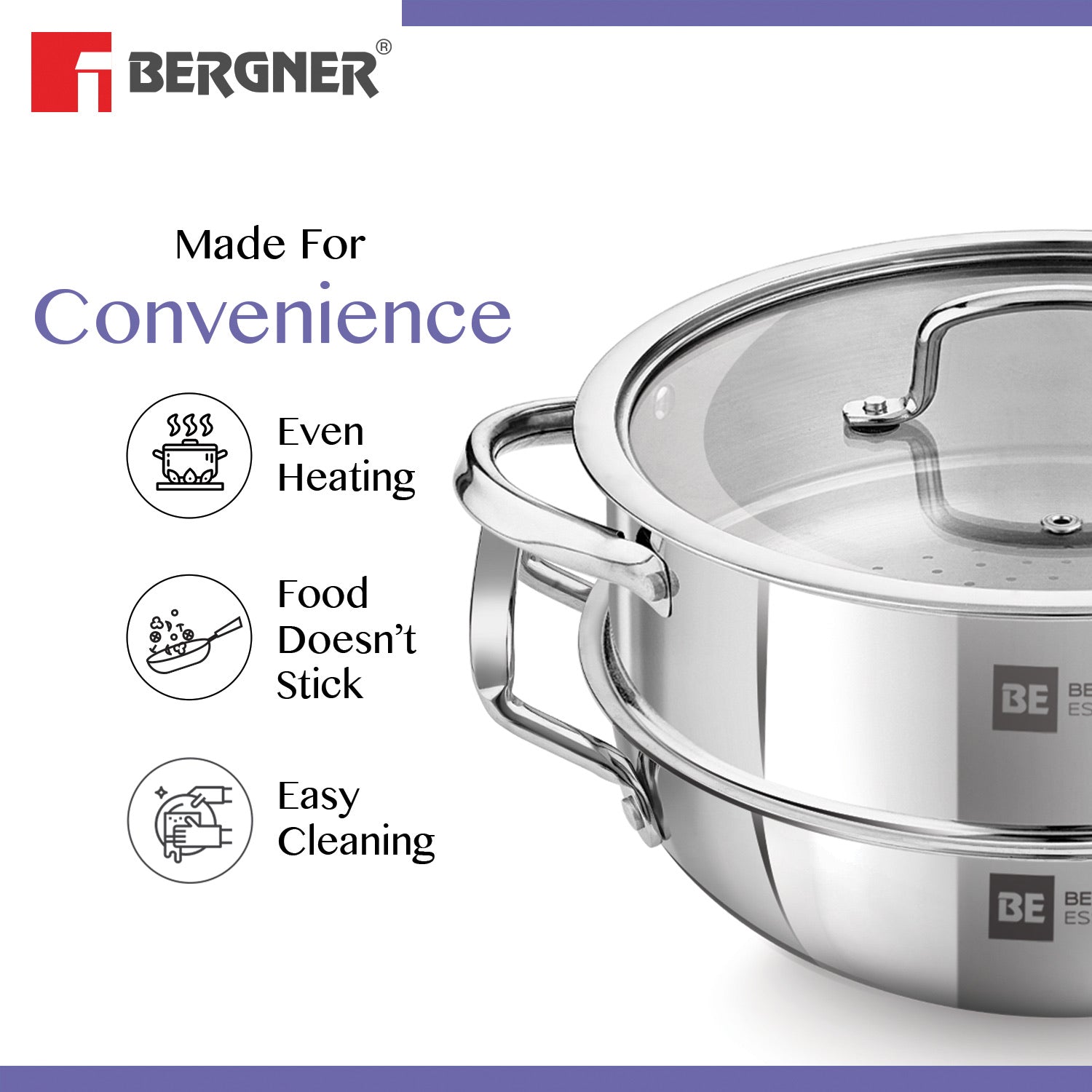 Bergner BE Bergner Essentials Tri-Ply Stainless Steel 3 Pcs Cookware Set - 24 cm Kadai and Steamer with Common Flat Glass Lid - Induction Bottom (5-Year Warranty)