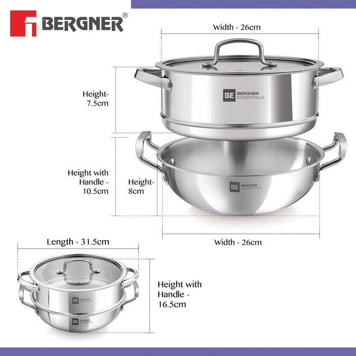 Bergner Rack BE Essentials Tri-Ply Stainless Steel 3 Pcs Cookware Set