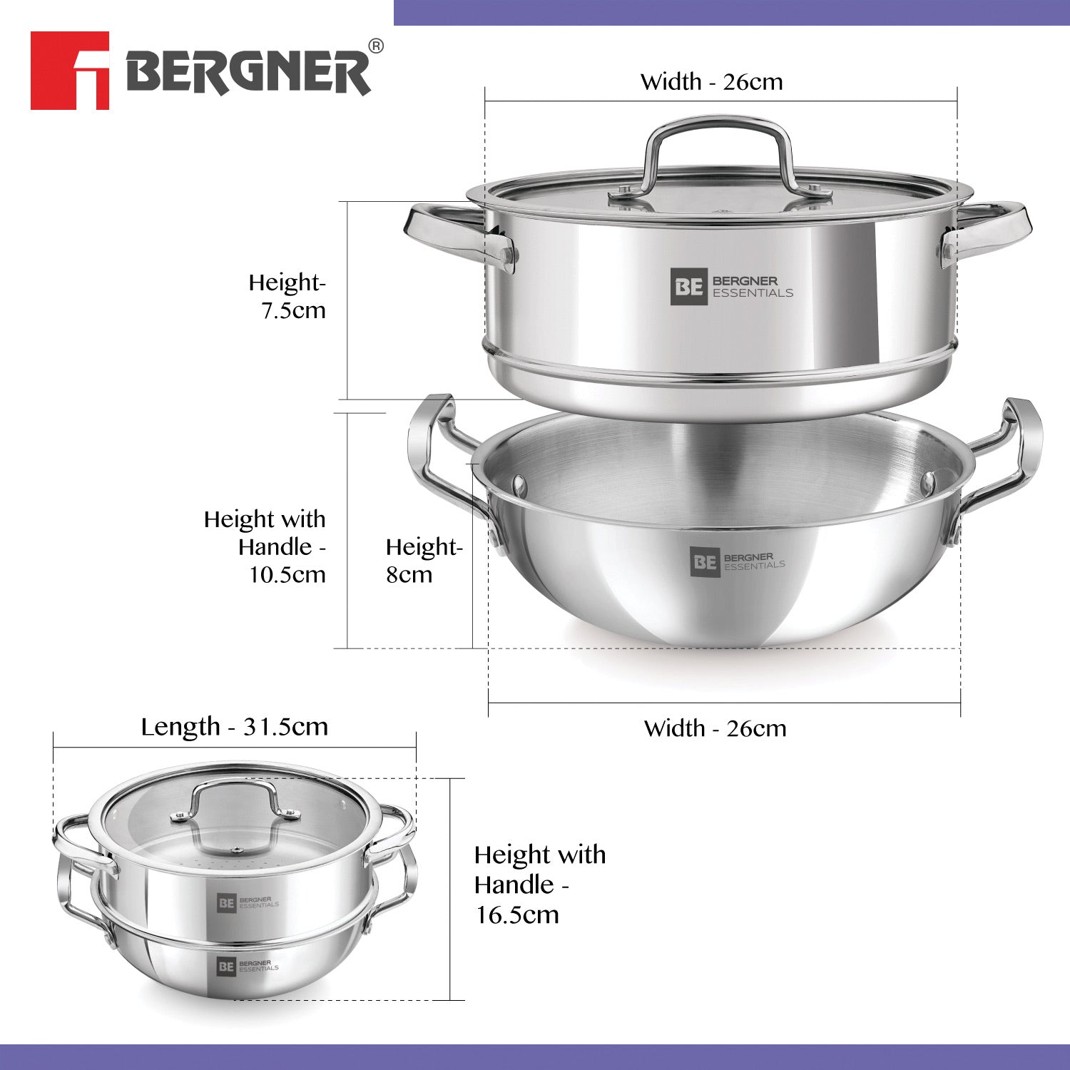 Bergner BE Bergner Essentials Tri-Ply Stainless Steel 3 Pcs Cookware Set - 24 cm Kadai and Steamer with Common Flat Glass Lid - Induction Bottom (5-Year Warranty)