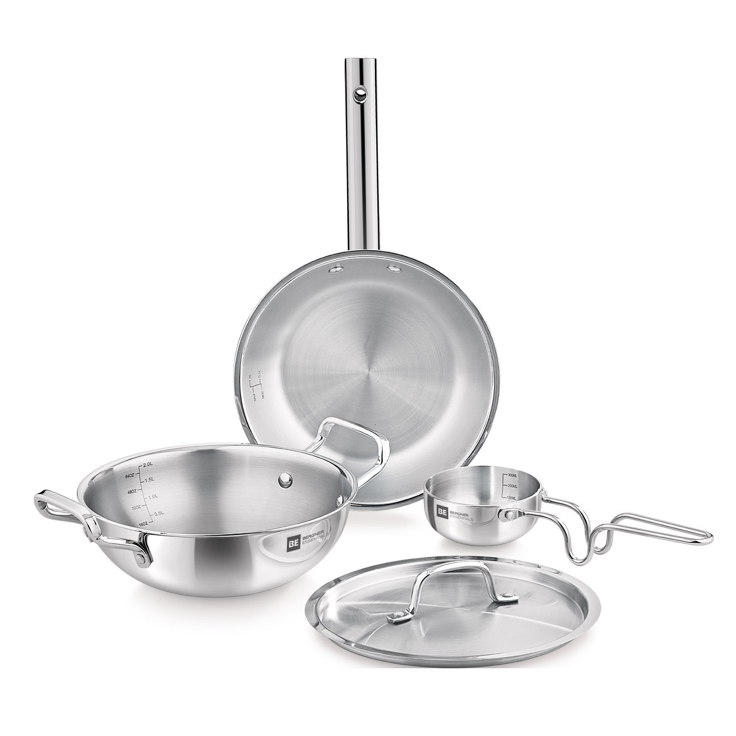 Bergner BE Essentials Tri-Ply Stainless Steel 4 Pcs Cookware Set - Kadai 22cm (2 L), Fry Pan 22cm (1.1 L), Tadka Pan 10cm, 1 Stainless Steel Lid Suitable for Kadai and frypan (5-Year Warranty)