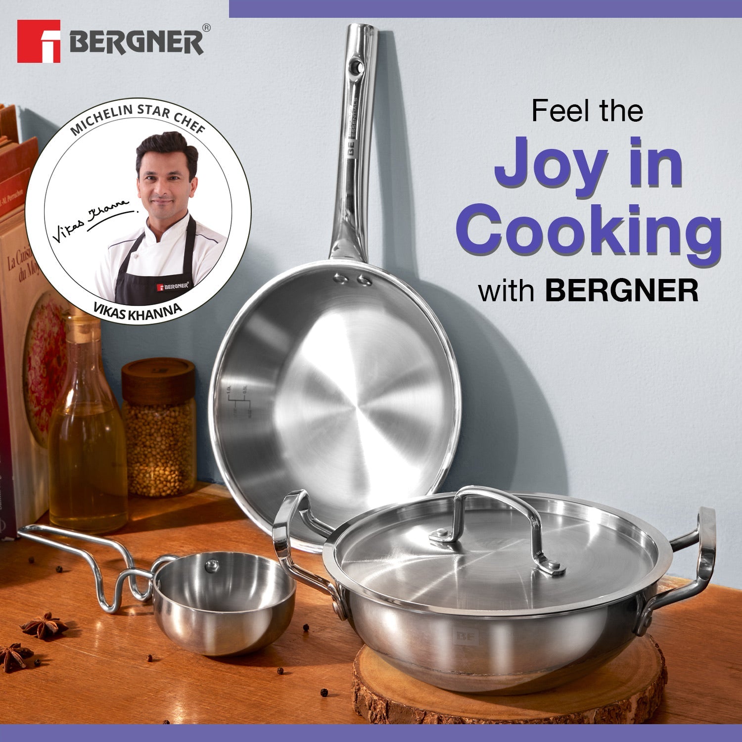 Bergner BE Essentials Tri-Ply Stainless Steel 4 Pcs Cookware Set - Kadai 22cm (2 L), Fry Pan 22cm (1.1 L), Tadka Pan 10cm, 1 Stainless Steel Lid Suitable for Kadai and frypan (5-Year Warranty)