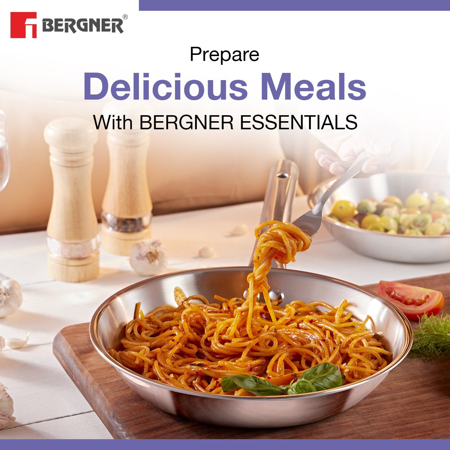 Bergner BE Bergner Essentials TriPly Stainless Steel 4 Pcs Cookware Set - Kadai 22cm (2 L), Fry Pan 22cm (1.1 L), Tadka Pan 10cm, 1 Stainless Steel Lid Suitable for Kadai and frypan (5-Year Warranty)