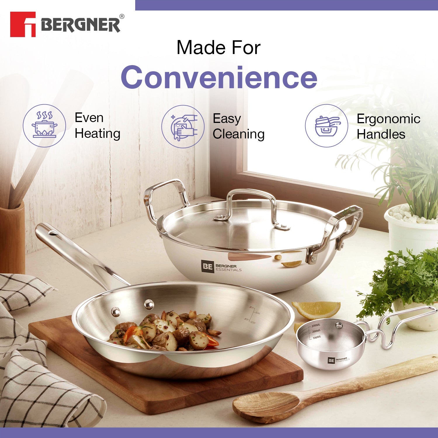 Bergner BE Bergner Essentials TriPly Stainless Steel 4 Pcs Cookware Set - Kadai 22cm (2 L), Fry Pan 22cm (1.1 L), Tadka Pan 10cm, 1 Stainless Steel Lid Suitable for Kadai and frypan (5-Year Warranty)