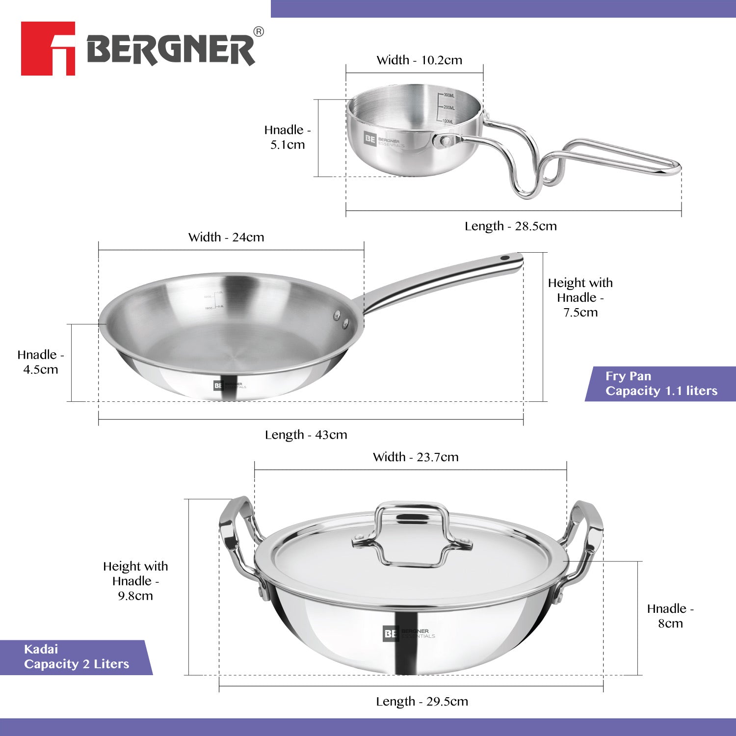 Bergner BE Bergner Essentials TriPly Stainless Steel 4 Pcs Cookware Set - Kadai 22cm (2 L), Fry Pan 22cm (1.1 L), Tadka Pan 10cm, 1 Stainless Steel Lid Suitable for Kadai and frypan (5-Year Warranty)