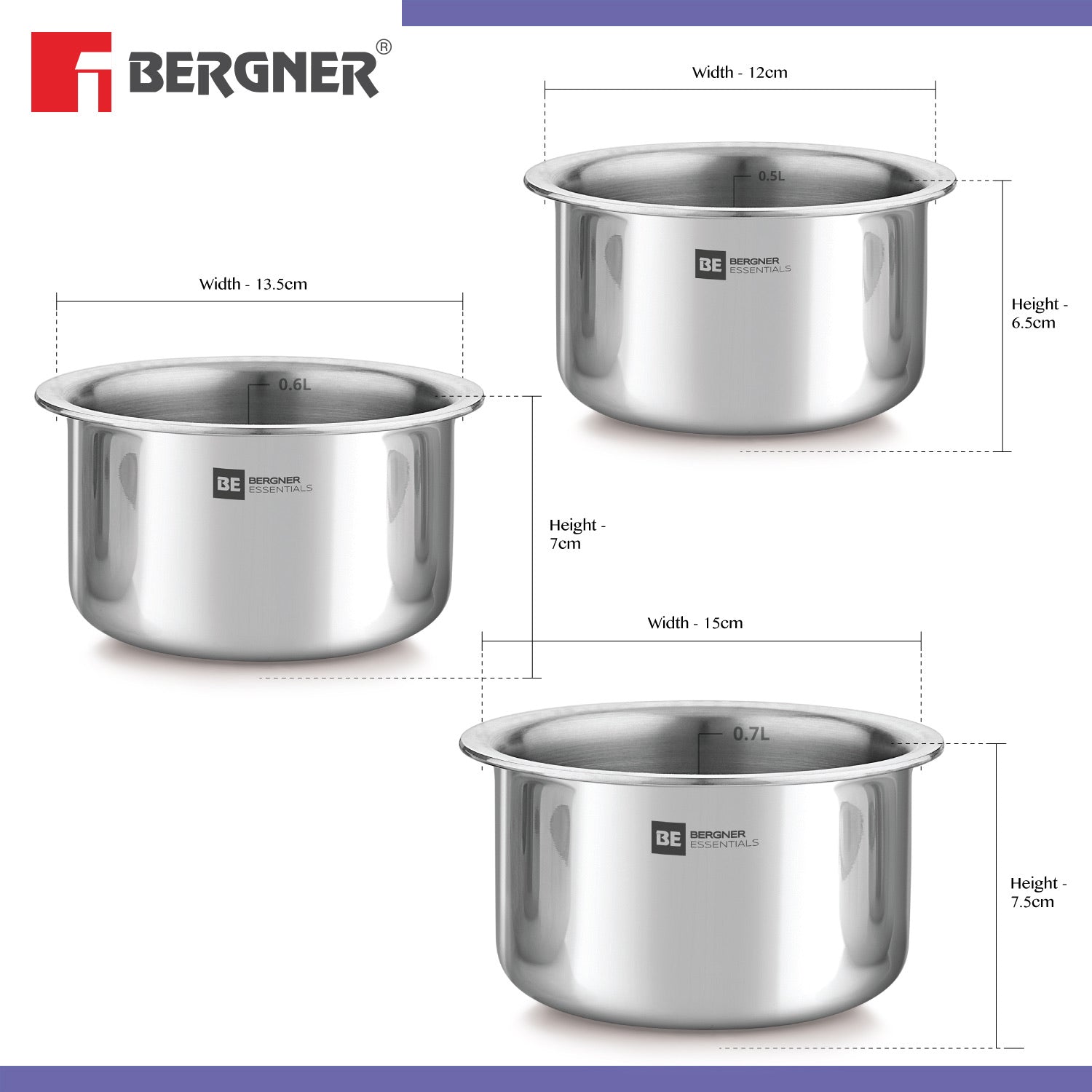 Bergner BE Bergner Essentials Tri-Ply Stainless Steel Junior Tope Set of 3 Pcs Set - Induction Bottom (5-Year Warranty)