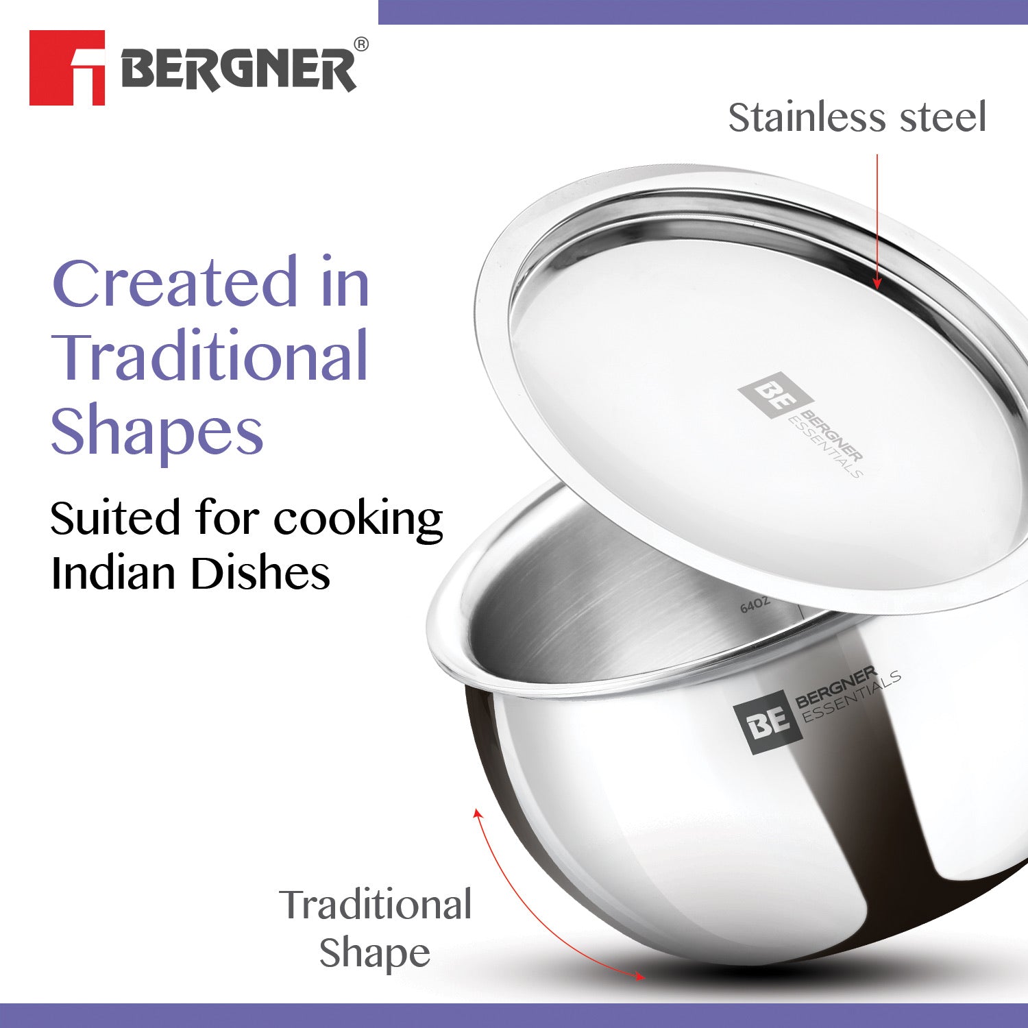 Bergner BE Bergner Essentials Tri-Ply Stainless Steel Rice Handi with Lid - Induction Bottom (5-Year Warranty)