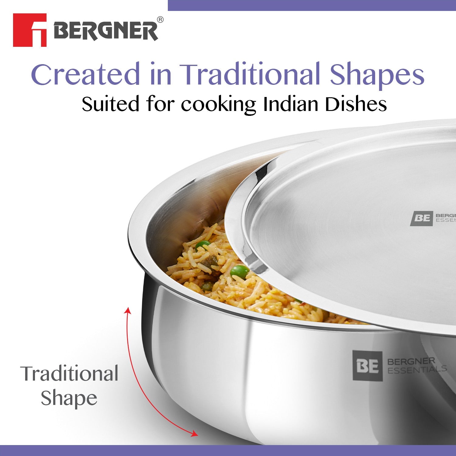 Bergner BE Bergner Essentials Tri-Ply Stainless Steel Biryani Handi with Lid, Induction Bottom (5-Year Warranty)