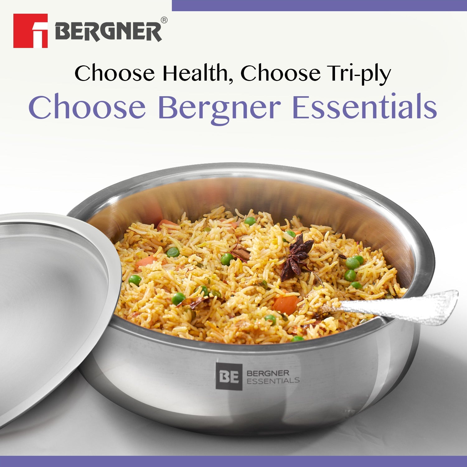 Bergner BE Bergner Essentials Tri-Ply Stainless Steel Biryani Handi with Lid, Induction Bottom (5-Year Warranty)