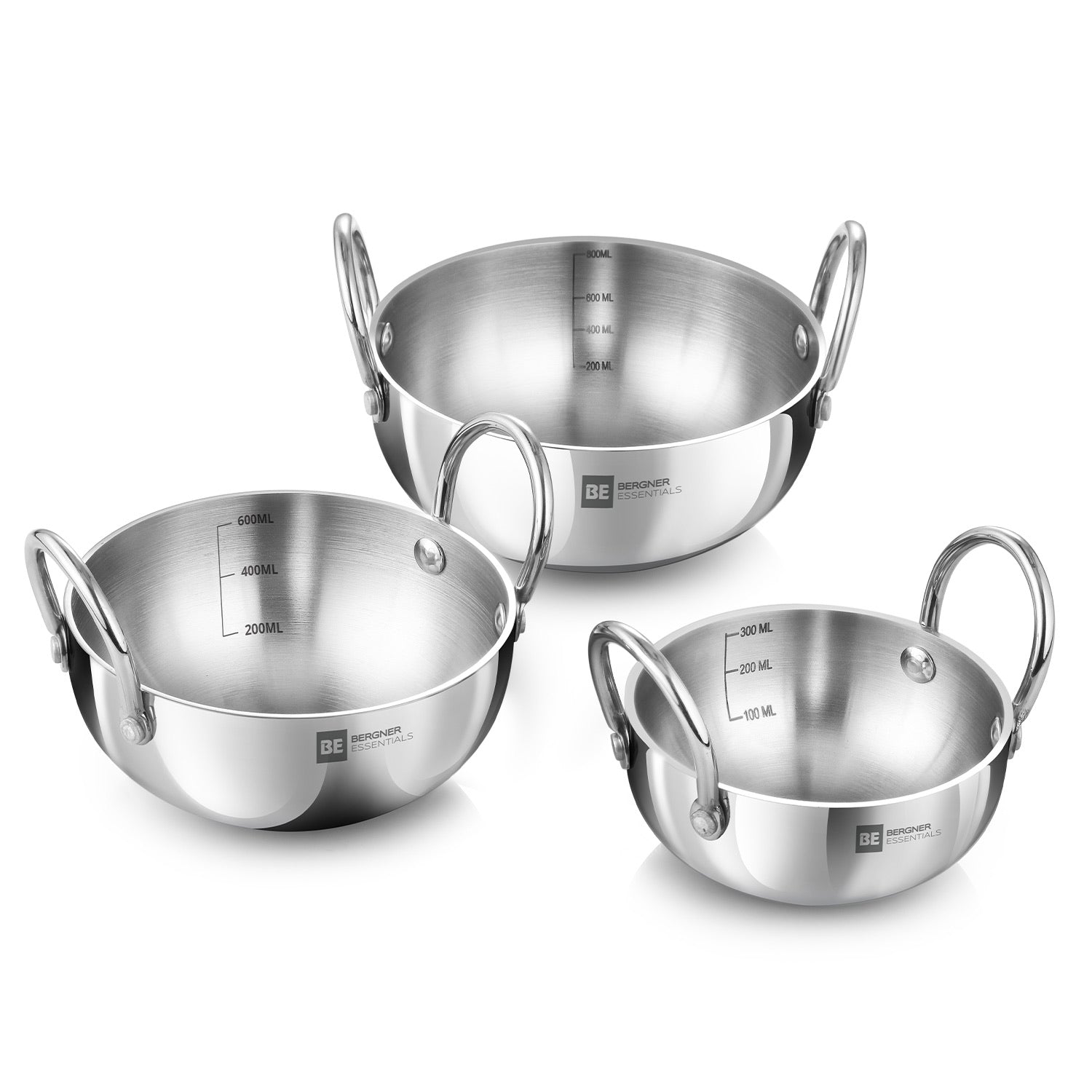 Bergner BE Bergner Essentials Tri-Ply Stainless Steel Junior Kadai Set of 3 Pcs - Gas Stove Compatible (5-Year Warranty)