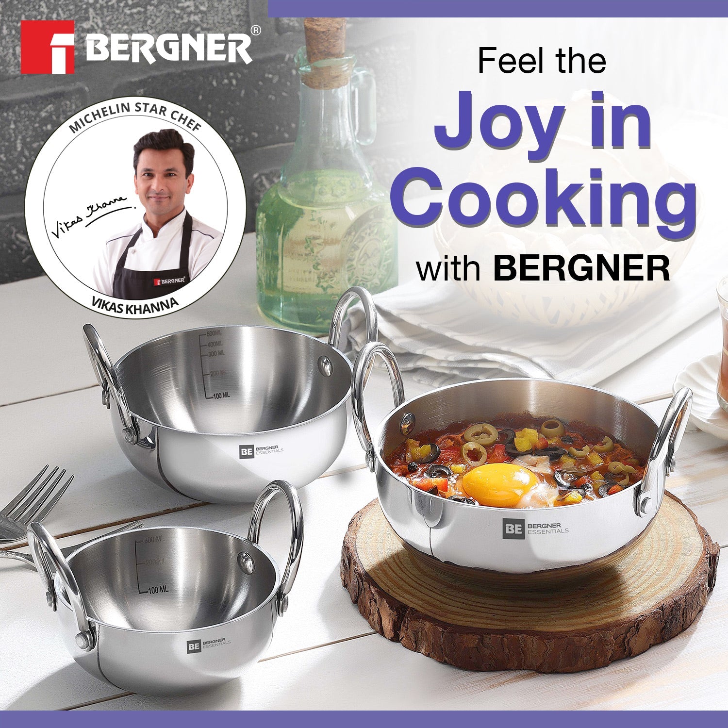 Bergner BE Essentials Tri-Ply Stainless Steel Junior Kadai Set of 3 Pcs - Gas Stove Compatible (5-Year Warranty)