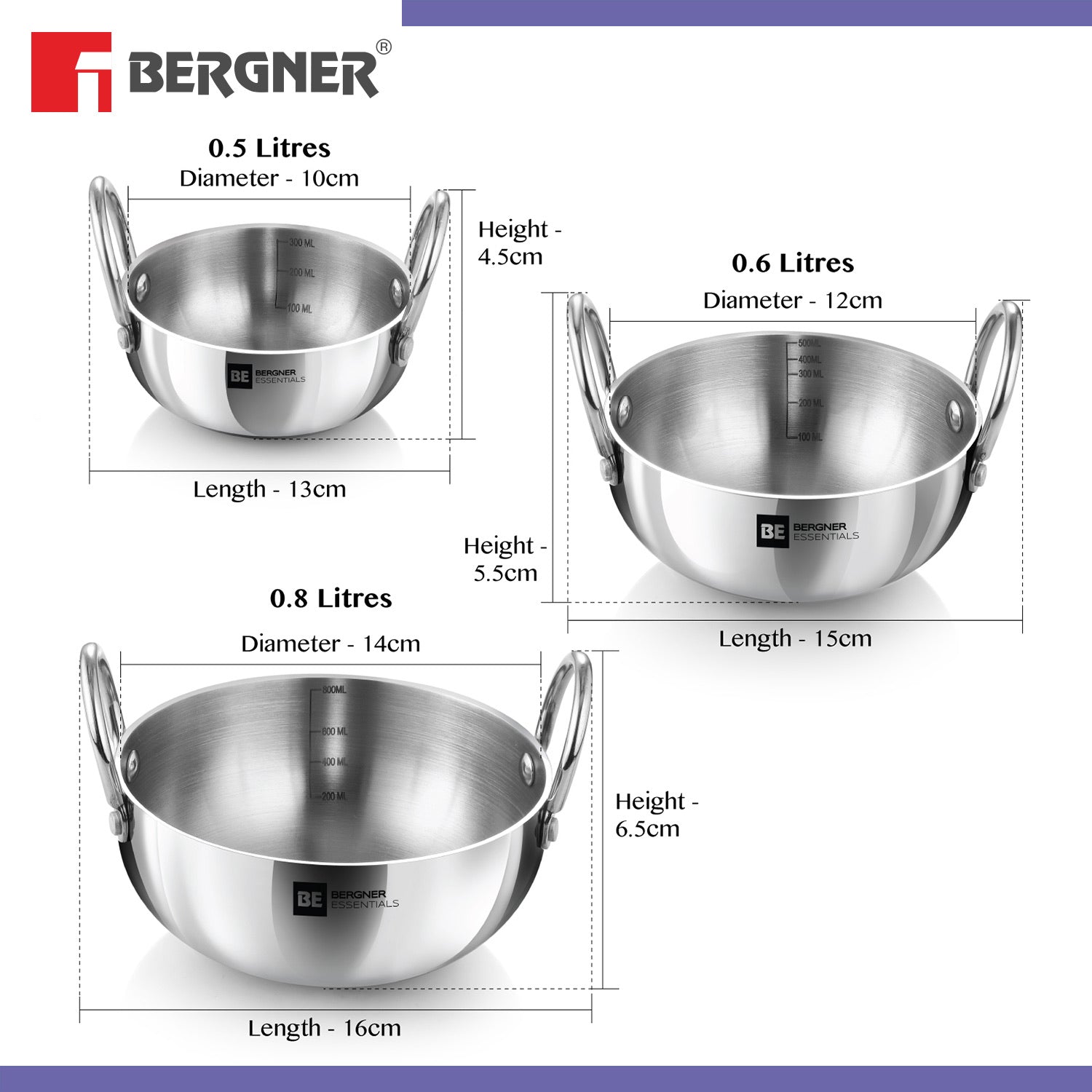 Bergner BE Bergner Essentials Tri-Ply Stainless Steel Junior Kadai Set of 3 Pcs - Gas Stove Compatible (5-Year Warranty)