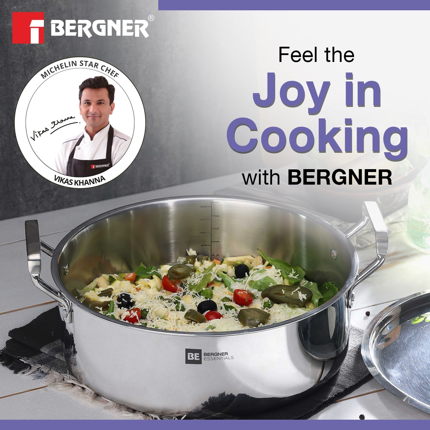 Bergner BE Bergner Essentials TriPly Stainless Steel Shallow Biryani Pan with Stainless Steel Lid - Induction Bottom (5-Year Warranty)