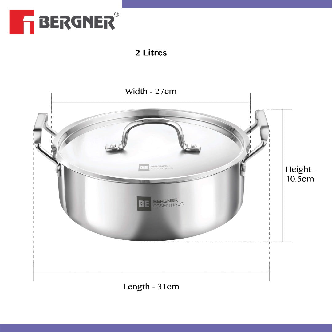 Bergner BE Bergner Essentials TriPly Stainless Steel Shallow Biryani Pan with Stainless Steel Lid - Induction Bottom (5-Year Warranty)