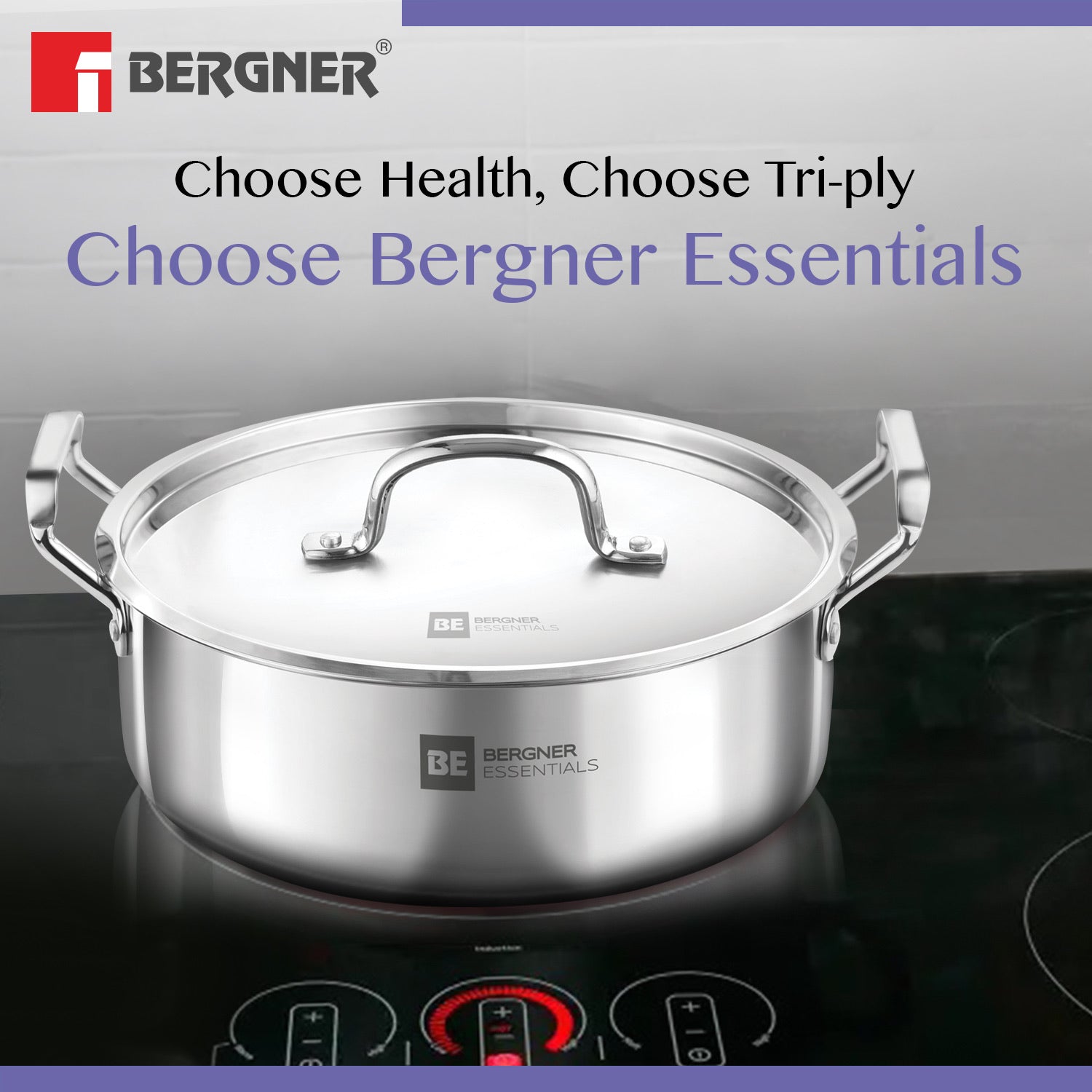 Bergner BE Bergner Essentials TriPly Stainless Steel Shallow Biryani Pan with Stainless Steel Lid - Induction Bottom (5-Year Warranty)