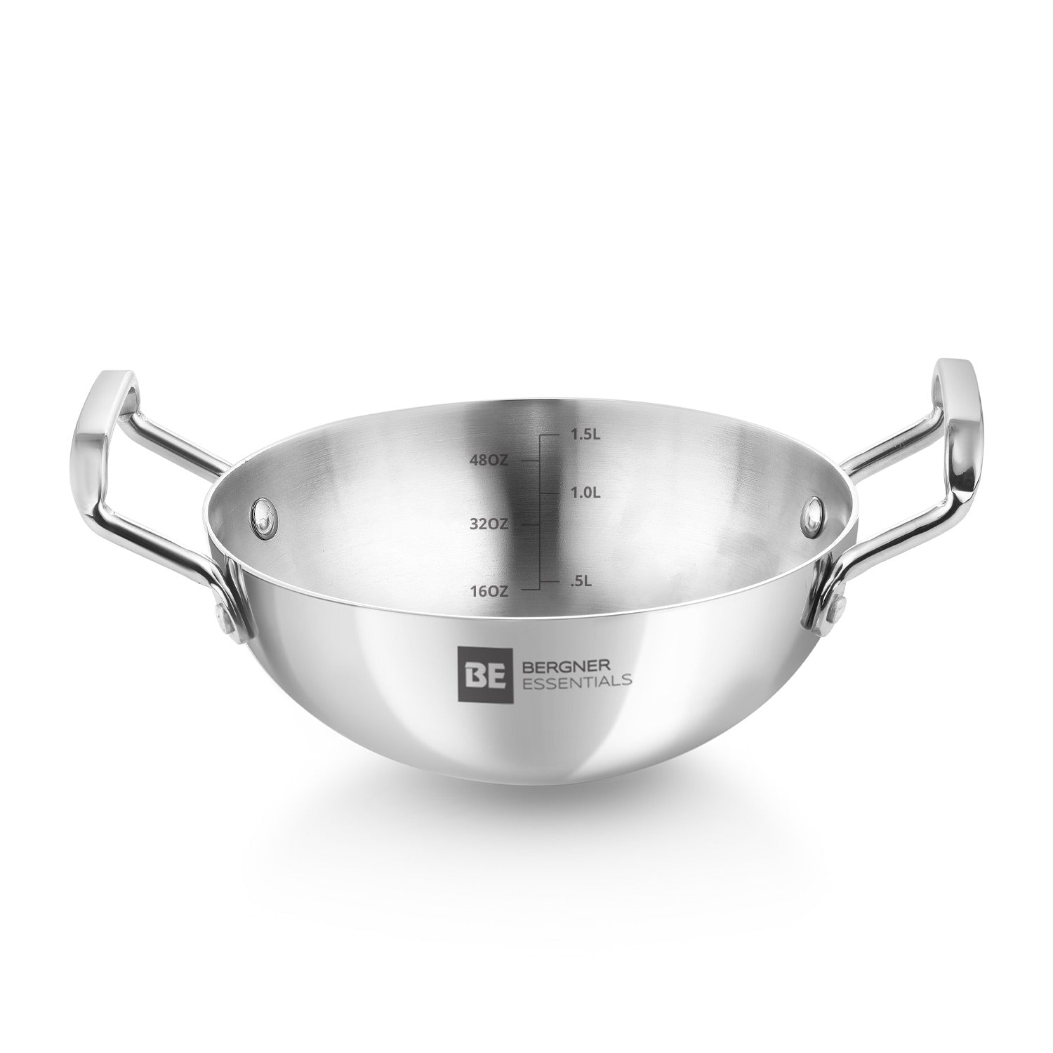 Bergner BE Essentials Tri-Ply Stainless Steel Extra Deep Kadai - Gas Stove Compatible (5-Year Warranty)