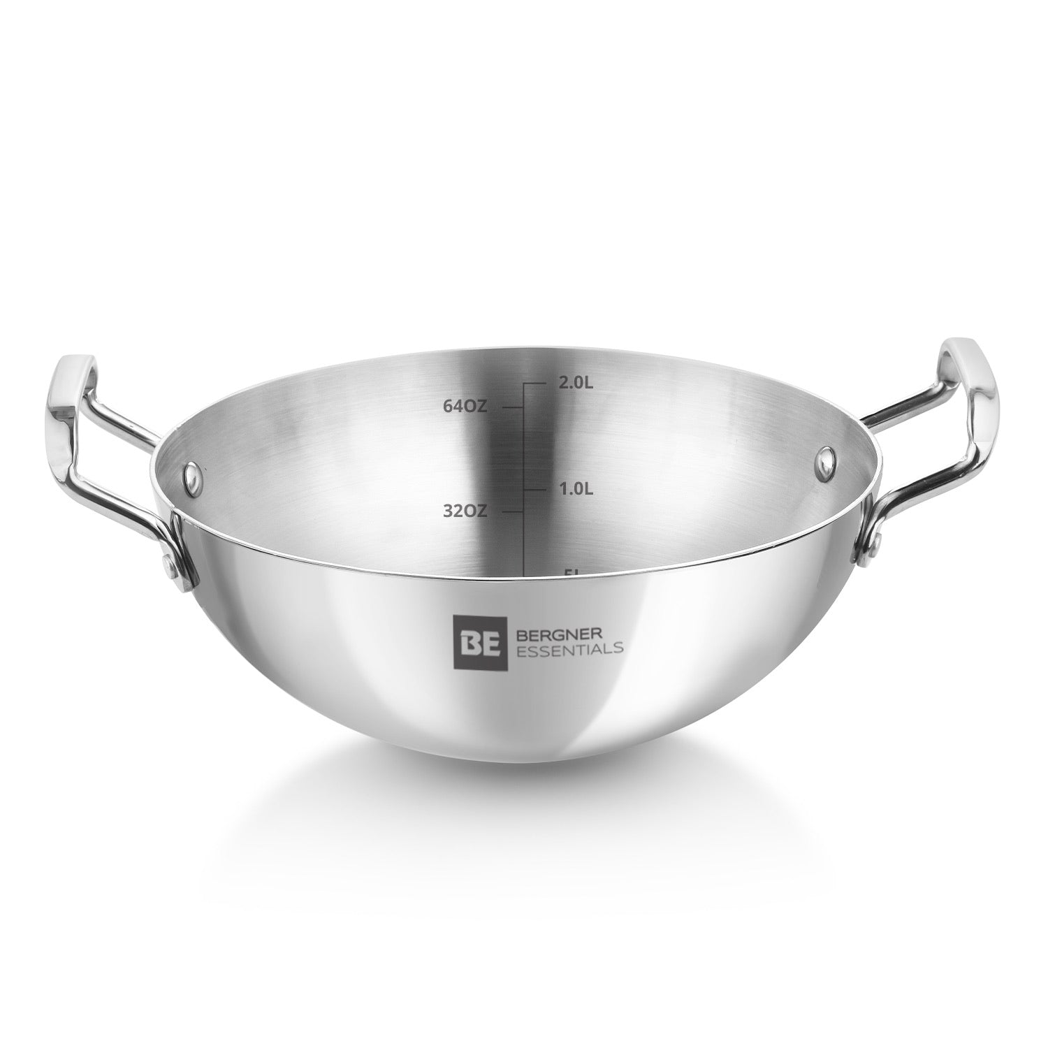 Bergner BE Essentials Tri-Ply Stainless Steel Extra Deep Kadai - Gas Stove Compatible (5-Year Warranty)