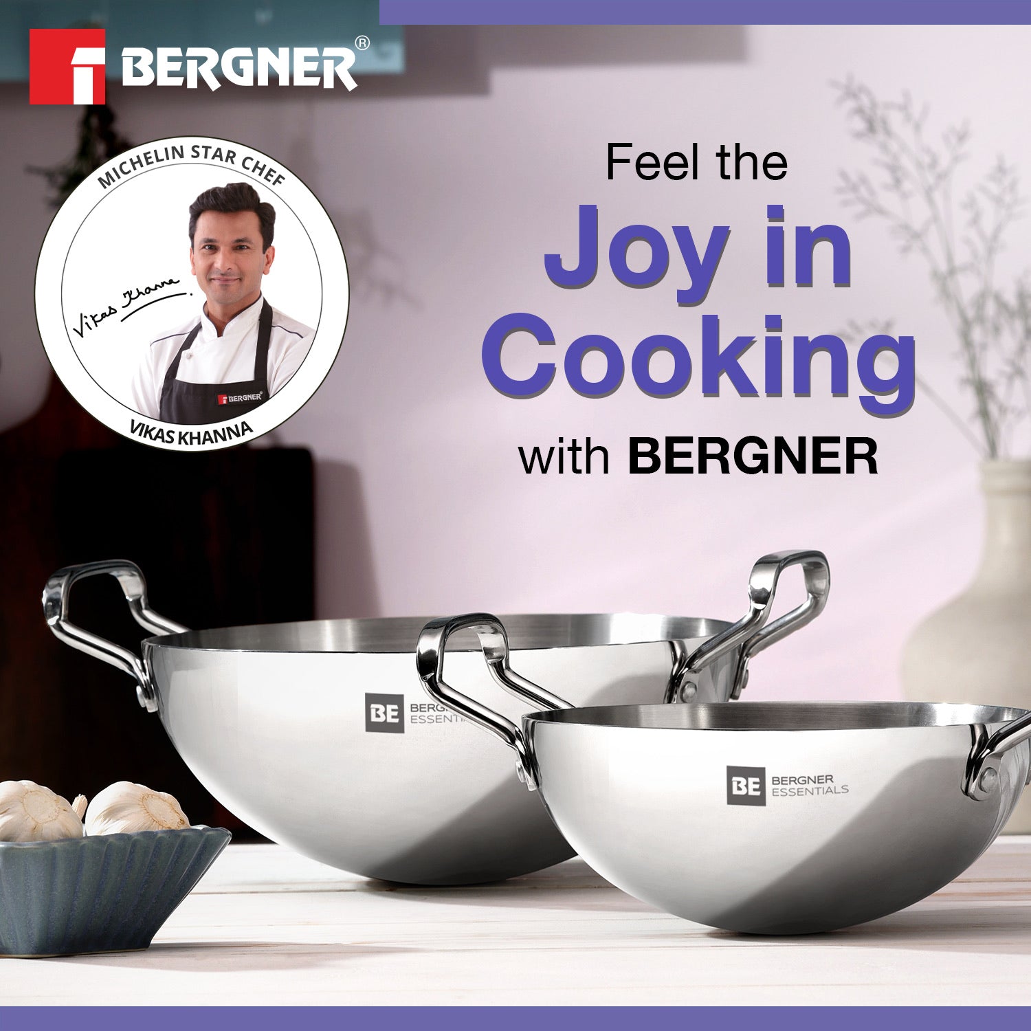 Bergner BE Bergner Essentials TriPly Stainless Steel Extra Deep Kadai - Gas Stove Compatible (5-Year Warranty)