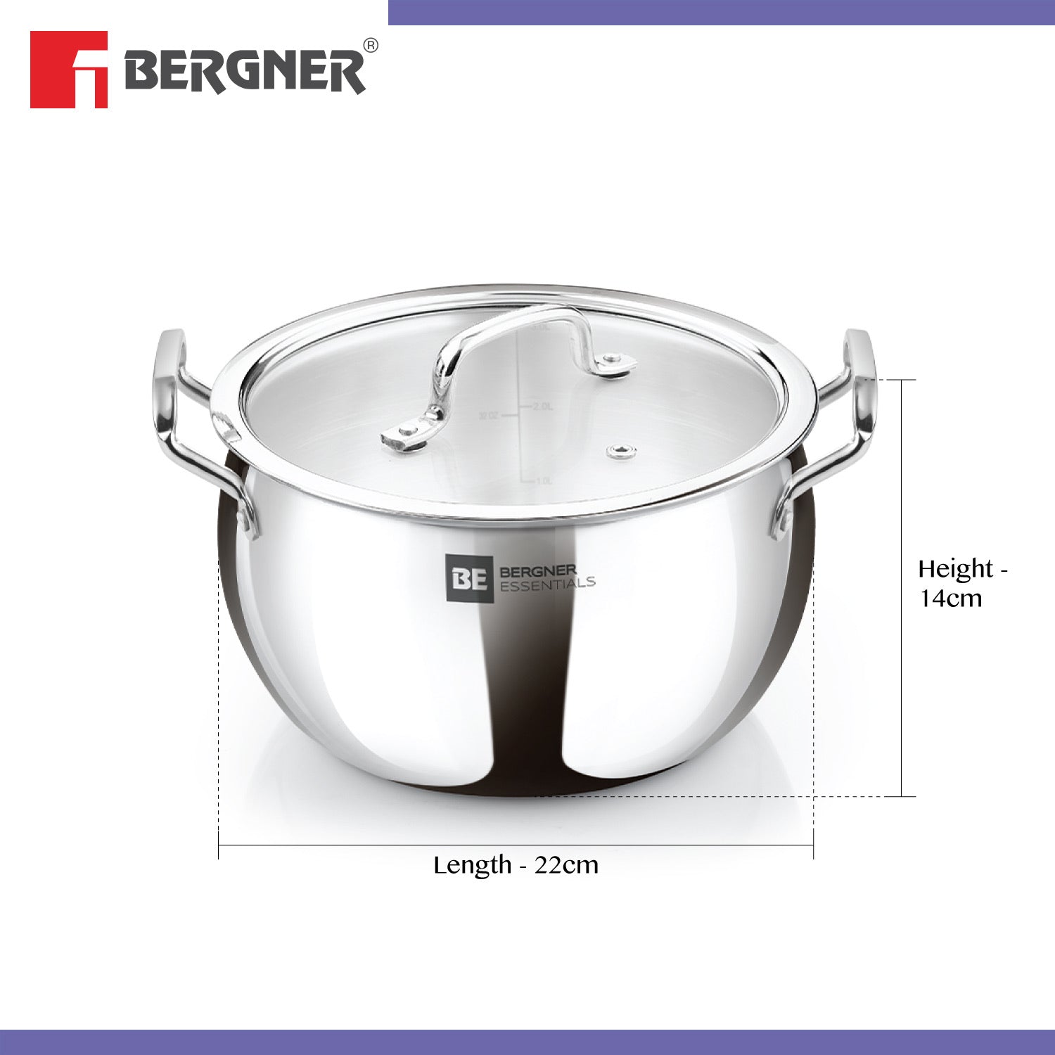 Bergner BE Bergner Essentials Tri-Ply Stainless Steel Rice Handi with Lid - Induction Bottom (5-Year Warranty)