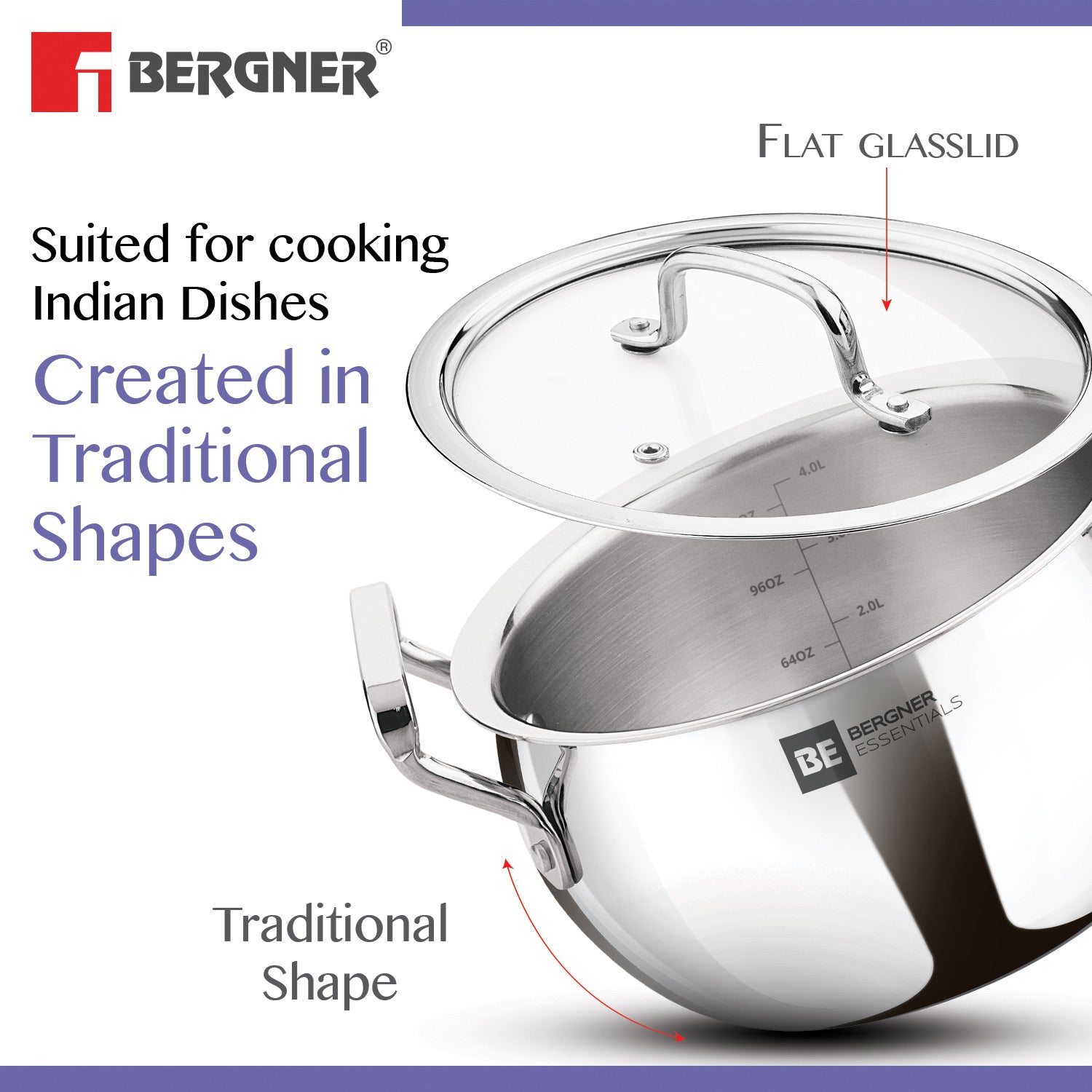 Bergner BE Bergner Essentials Tri-Ply Stainless Steel Rice Handi with Lid - Induction Bottom (5-Year Warranty)