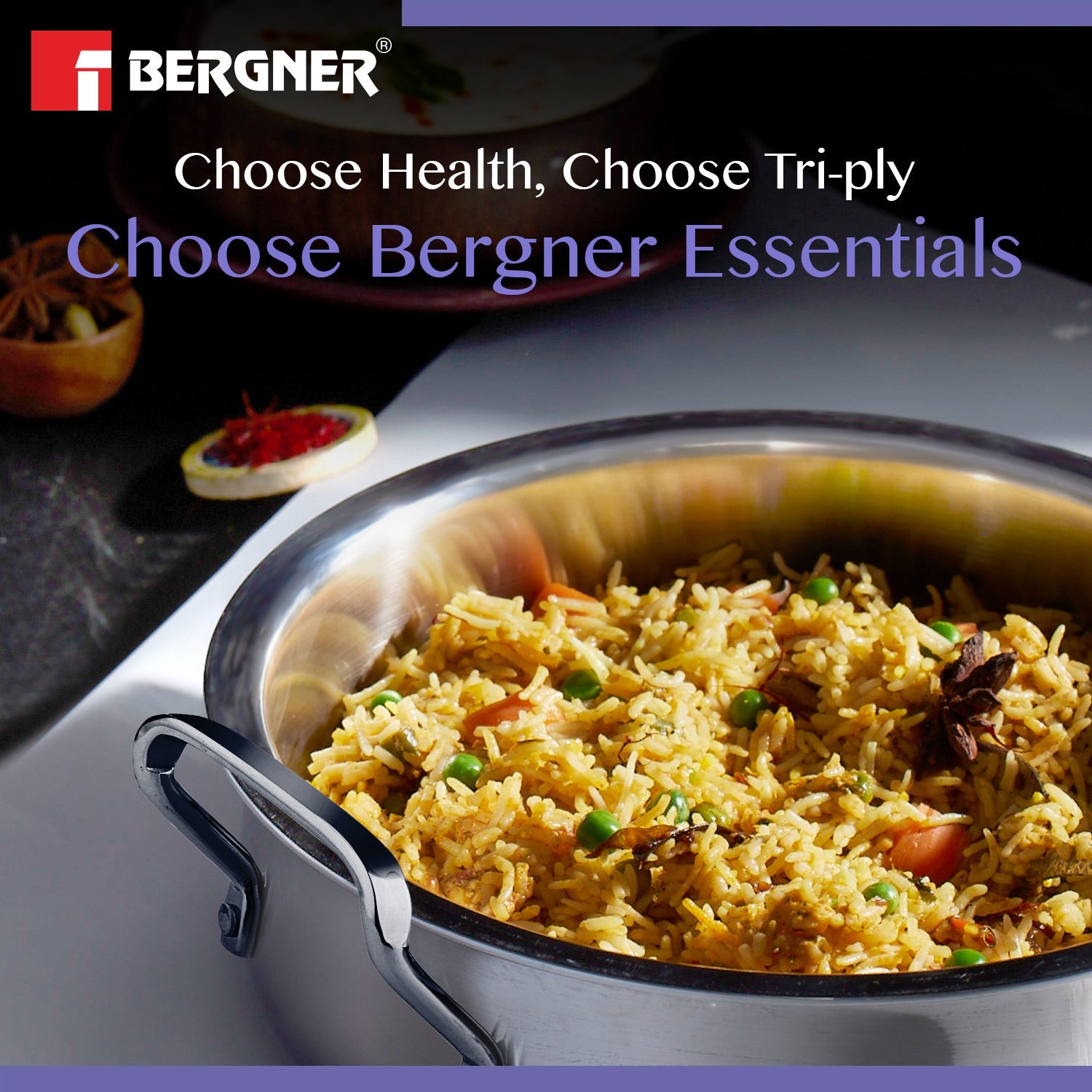 Bergner BE Essentials Tri-Ply Stainless Steel Biryani Handi with Lid - Induction Bottom (5-Year Warranty)