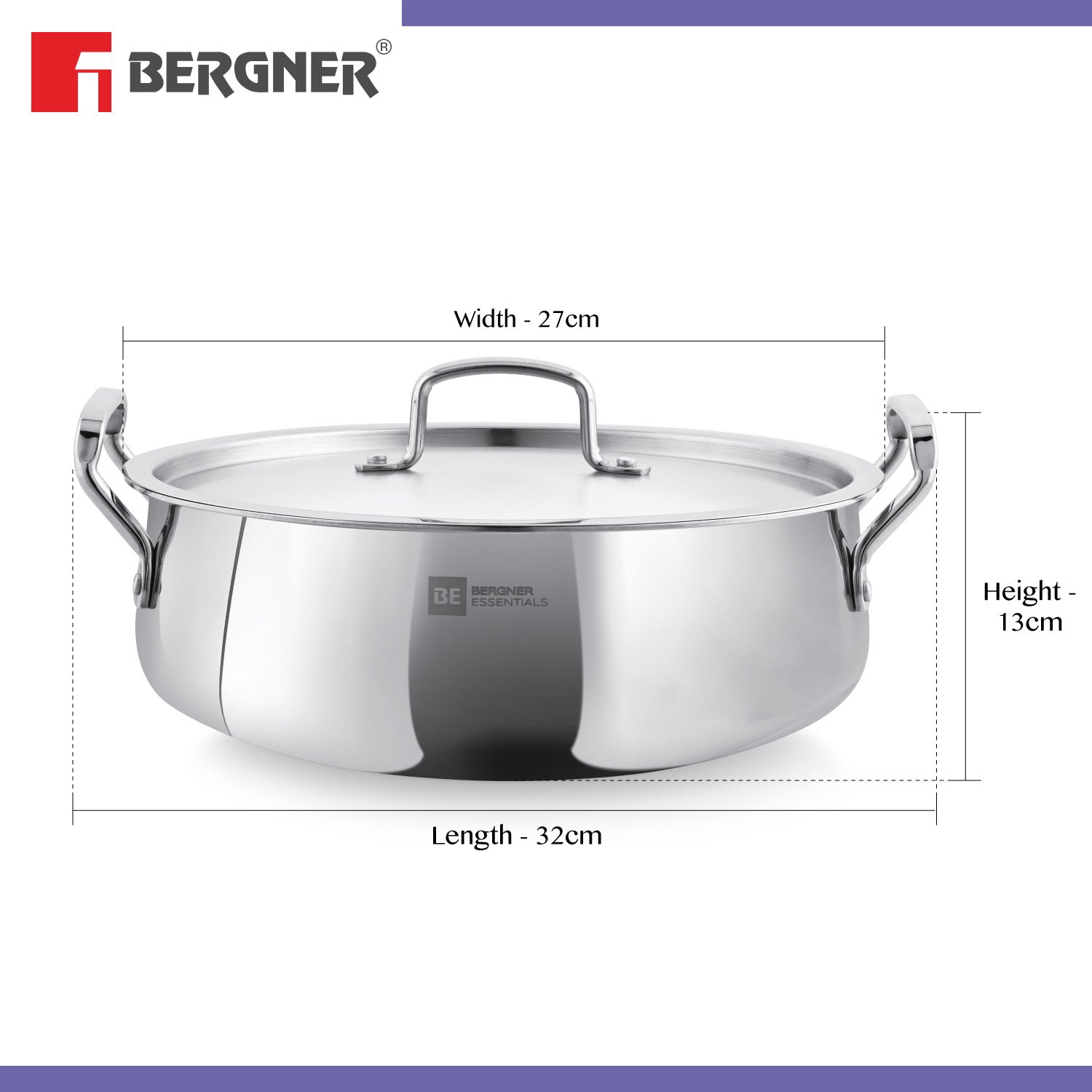 Bergner BE Essentials Tri-Ply Stainless Steel Biryani Handi with Lid - Induction Bottom (5-Year Warranty)