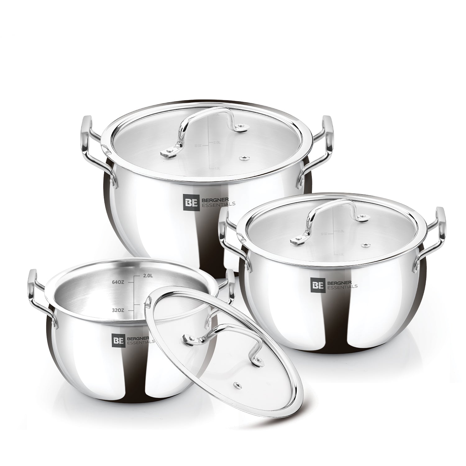 Bergner BE Essentials Tri-Ply Stainless Steel 3 Pcs Rice Handi Set with 3 Flat Glass Lids - Induction Bottom (5-Year Warranty)