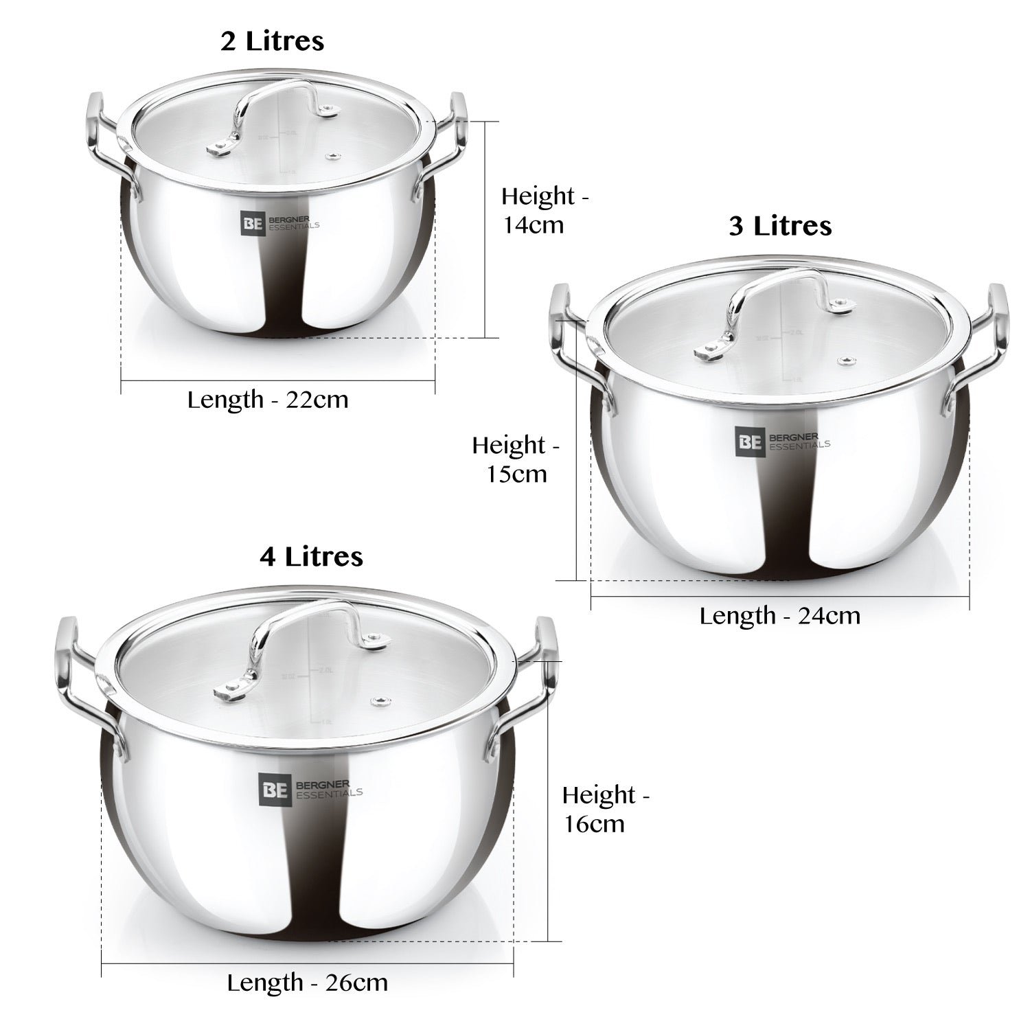 Bergner BE Bergner Essentials TriPly Stainless Steel 3 Pcs Rice Handi Set with 3 Flat Glass Lids - Induction Bottom (5-Year Warranty)