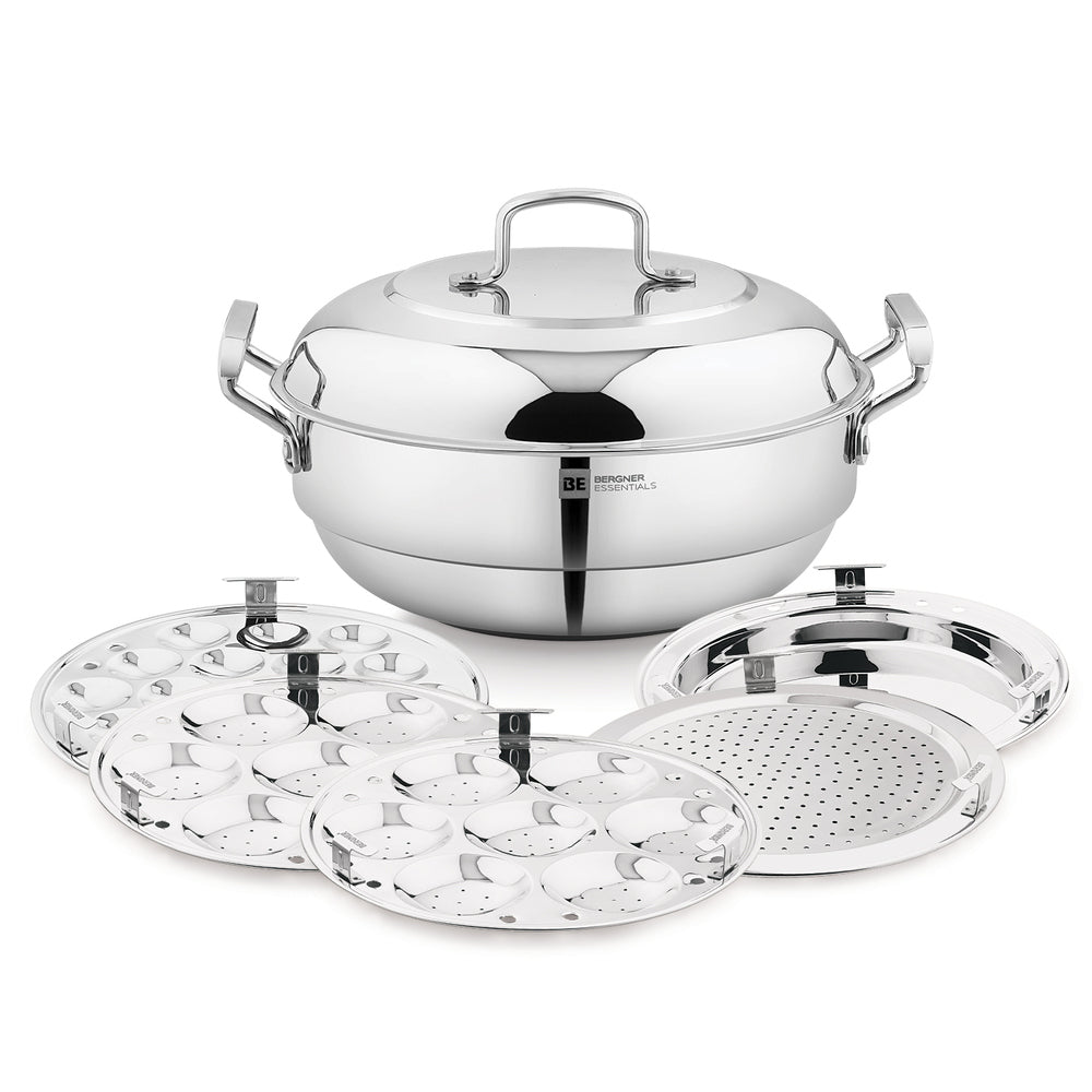 Bergner BE Essentials Tri-Ply Stainless Steel 27cm Multi Kadai - 2 Idli Plates, 1 Appam Plate with 19 Cavities, 1 Patra Plate and 1 Steam Plate - Induction Bottom