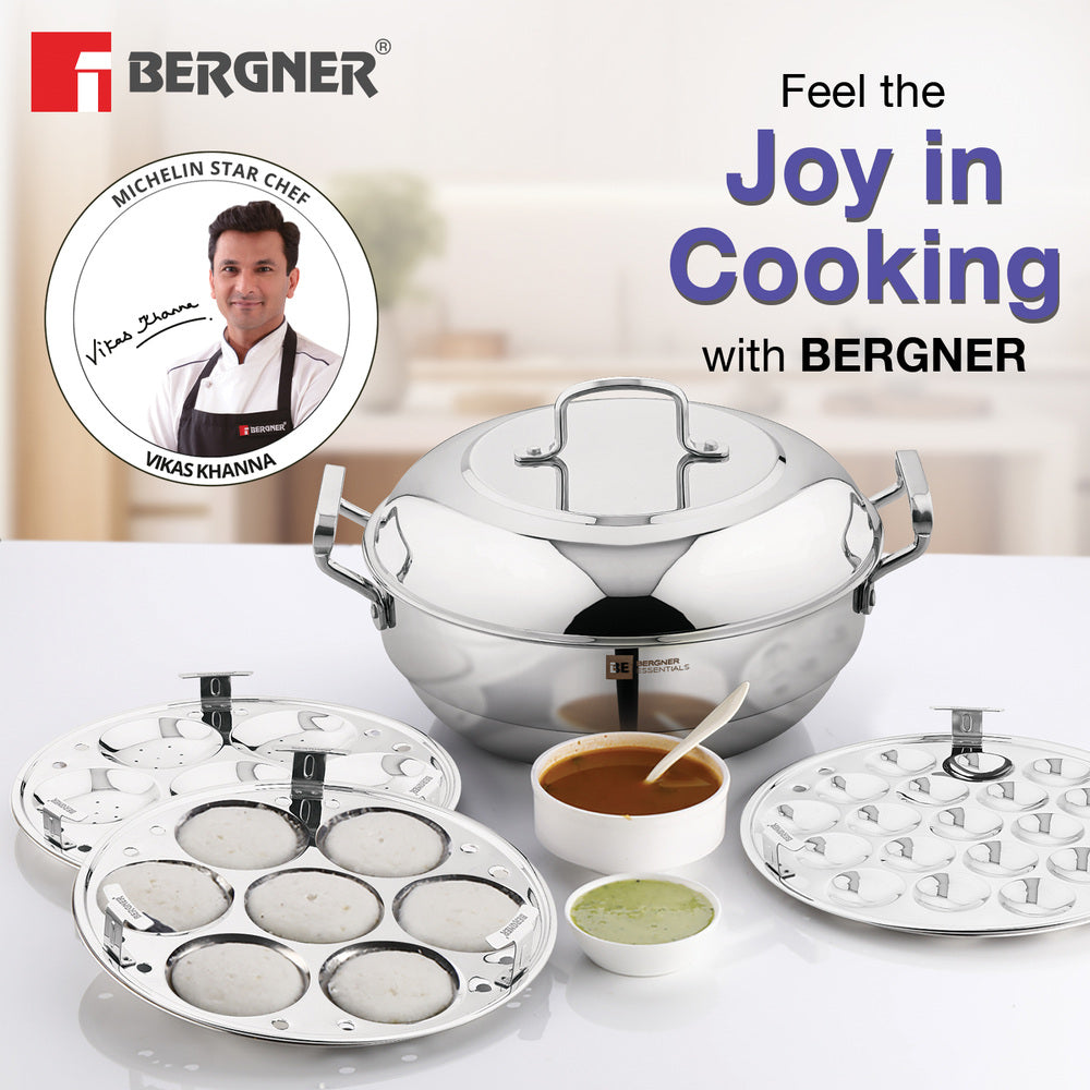 Bergner BE Essentials Tri-Ply Stainless Steel 27cm Multi Kadai - 2 Idli Plates, 1 Appam Plate with 19 Cavities, 1 Patra Plate and 1 Steam Plate - Induction Bottom