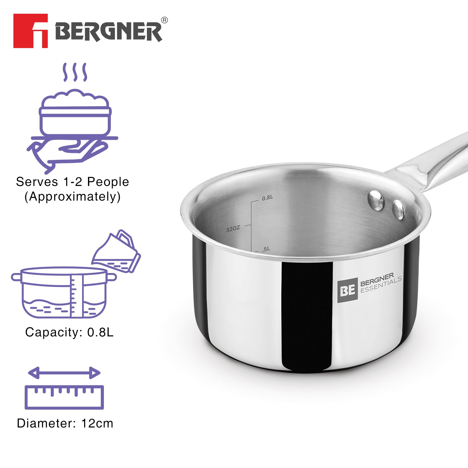 BE Essentials Era TriPly Stainless Steel 12cm (800ml) Teapan -  Induction Bottom