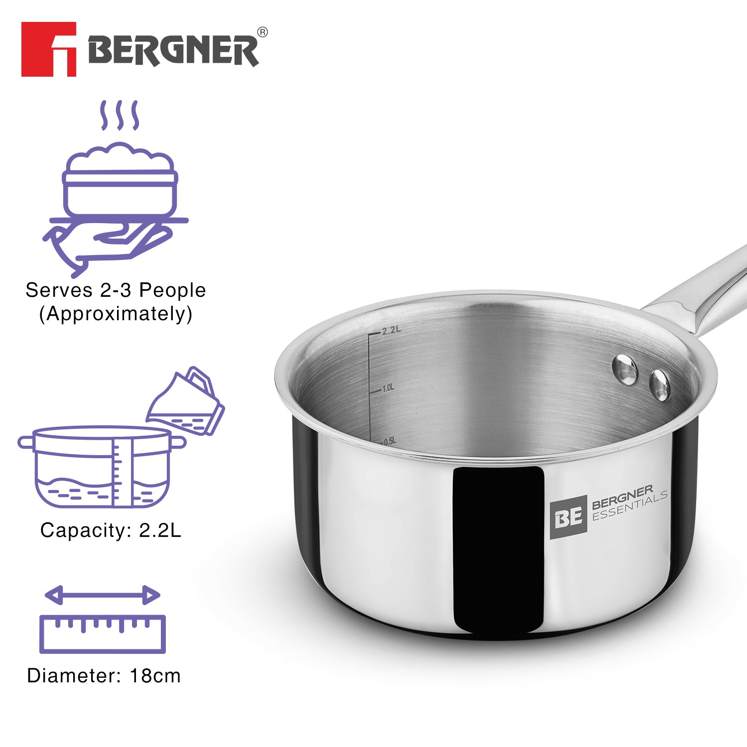 BE Essentials Era TriPly Stainless Steel 18cm (2.2 L) Teapan - Induction Bottom