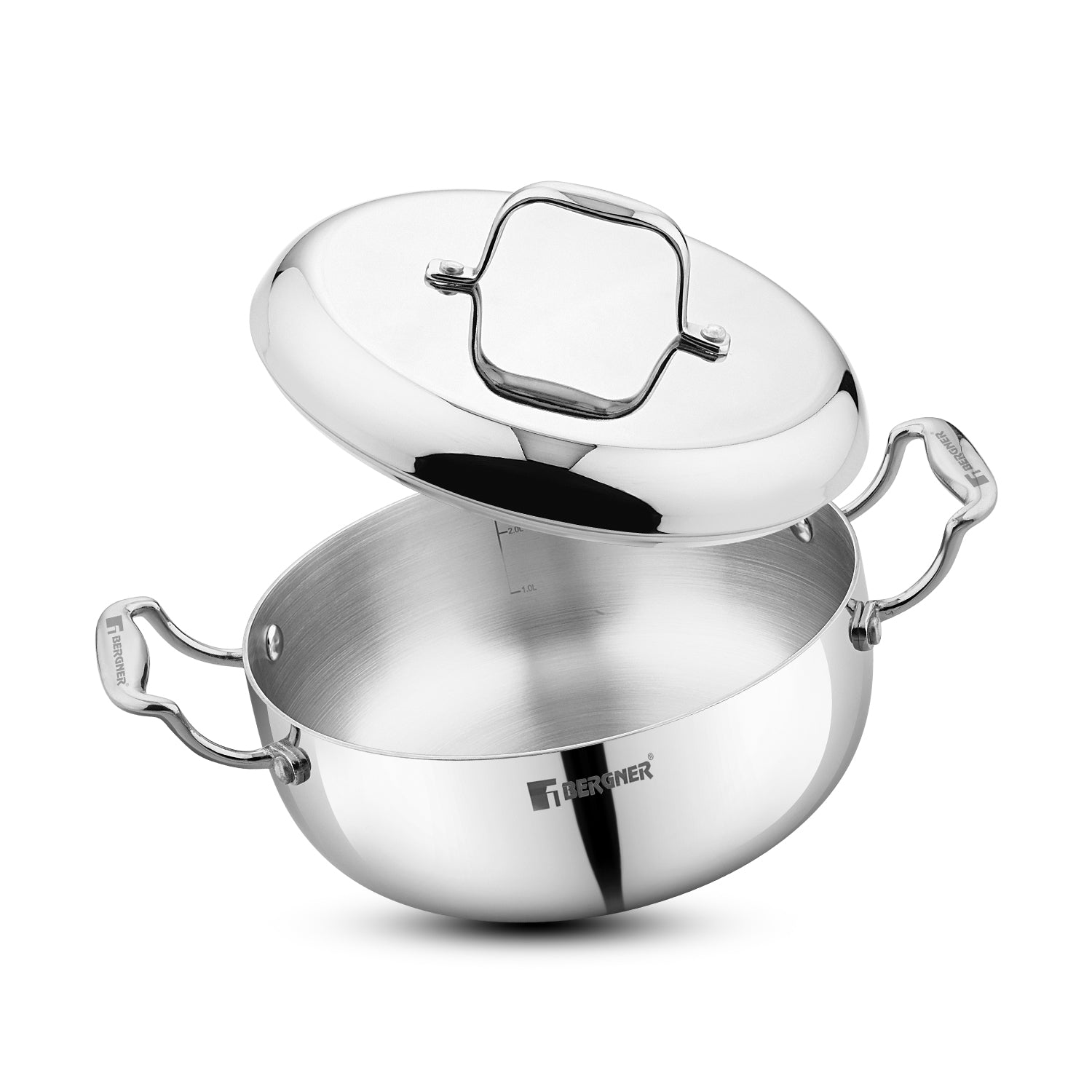 Bergner Argent Saiba Triply Stainless Steel Multi Purpose Casserole with Curved Shape Lid and Welded Cast Handles, Less Oil Cooking - Induction Bottom