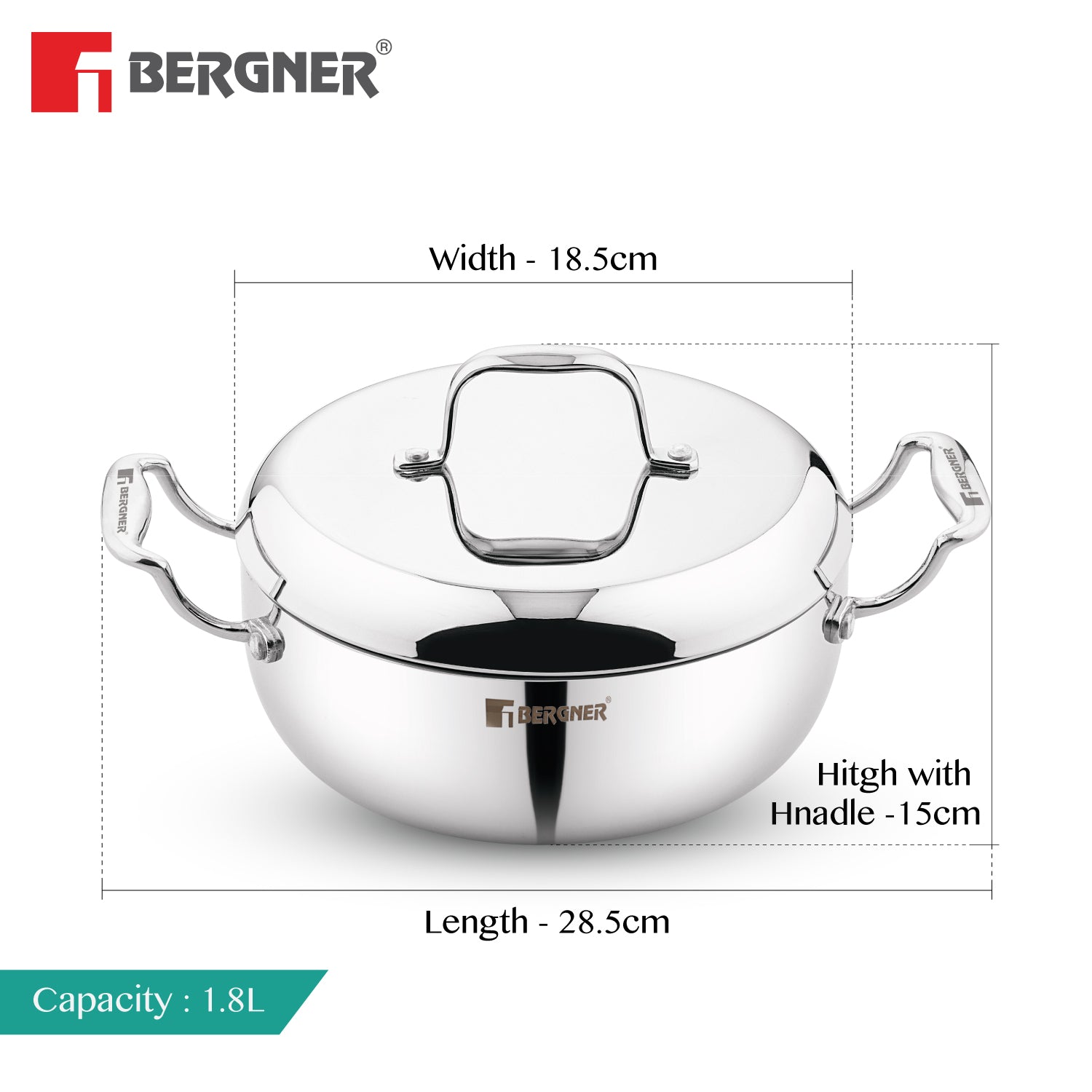 Bergner Argent Saiba Triply Stainless Steel Multi Purpose Casserole with Curved Shape Lid and Welded Cast Handles, Less Oil Cooking - Induction Bottom