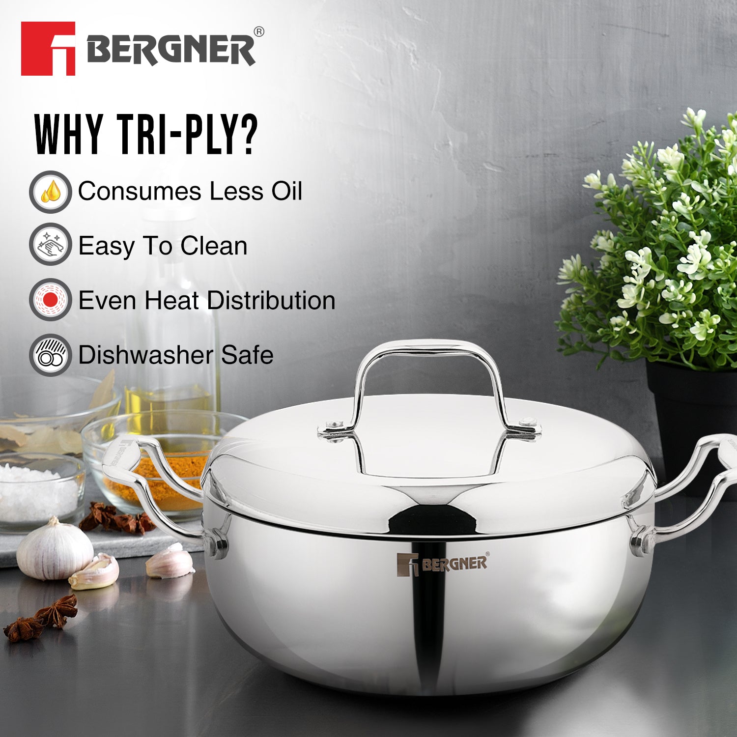 Bergner Argent Saiba Triply Stainless Steel Multi Purpose Casserole with Curved Shape Lid and Welded Cast Handles, Less Oil Cooking - Induction Bottom