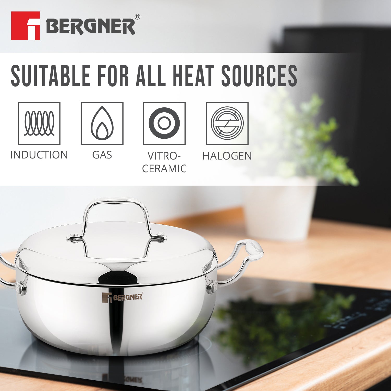 Bergner Argent Saiba Triply Stainless Steel Multi Purpose Casserole with Curved Shape Lid and Welded Cast Handles, Less Oil Cooking - Induction Bottom