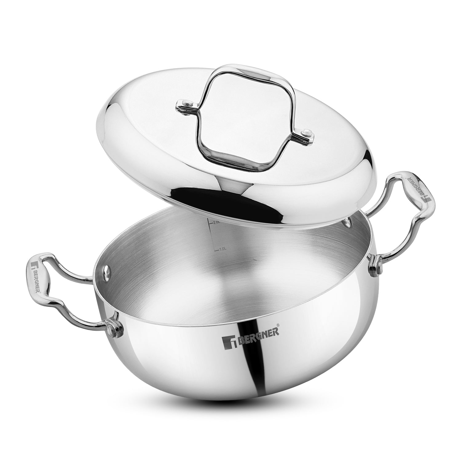 Bergner Argent Saiba Tri-Ply Stainless Steel Multi Purpose Casserole with Curved Shape Lid and Welded Cast Handles, Less Oil Cooking - Induction Bottom