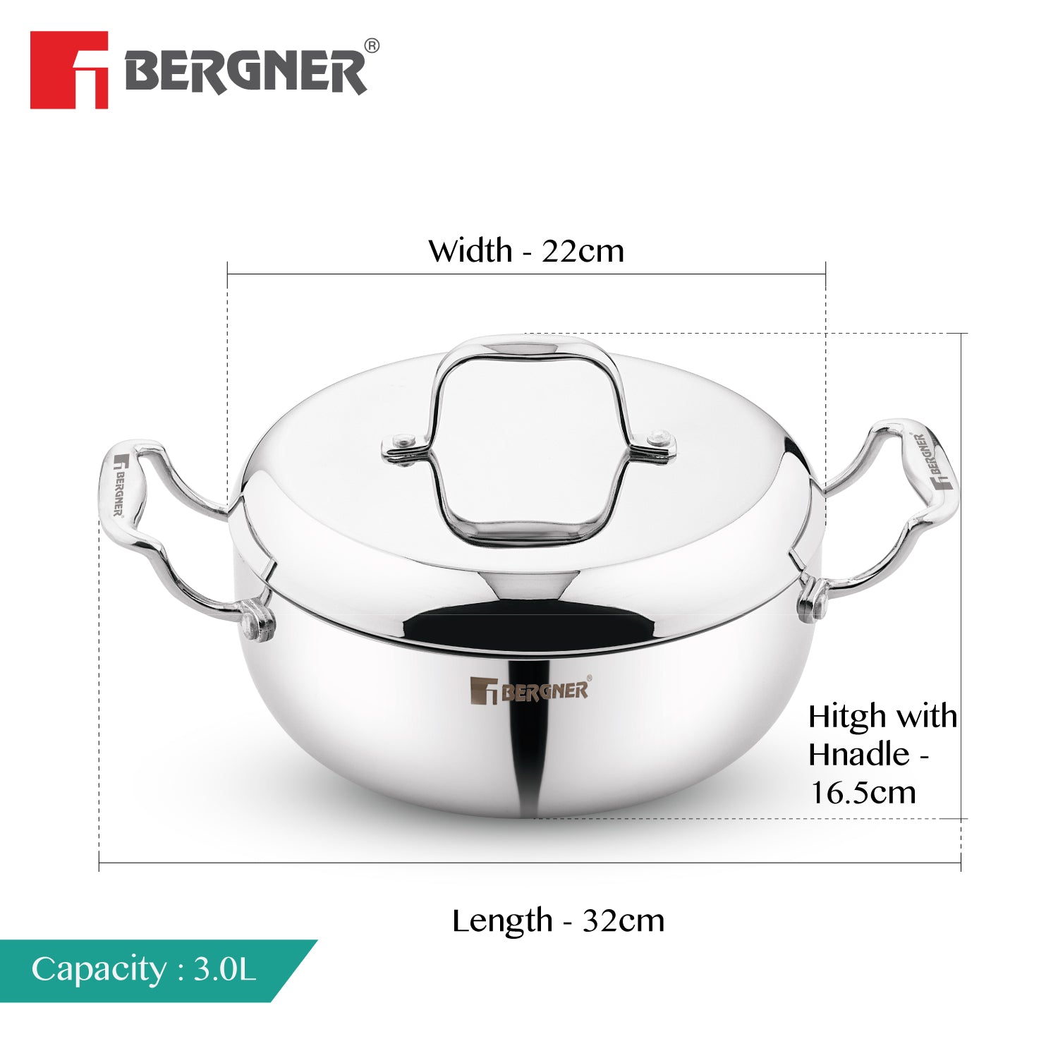 Bergner Argent Saiba Triply Stainless Steel Multi Purpose Casserole with Curved Shape Lid and Welded Cast Handles, Less Oil Cooking - Induction Bottom