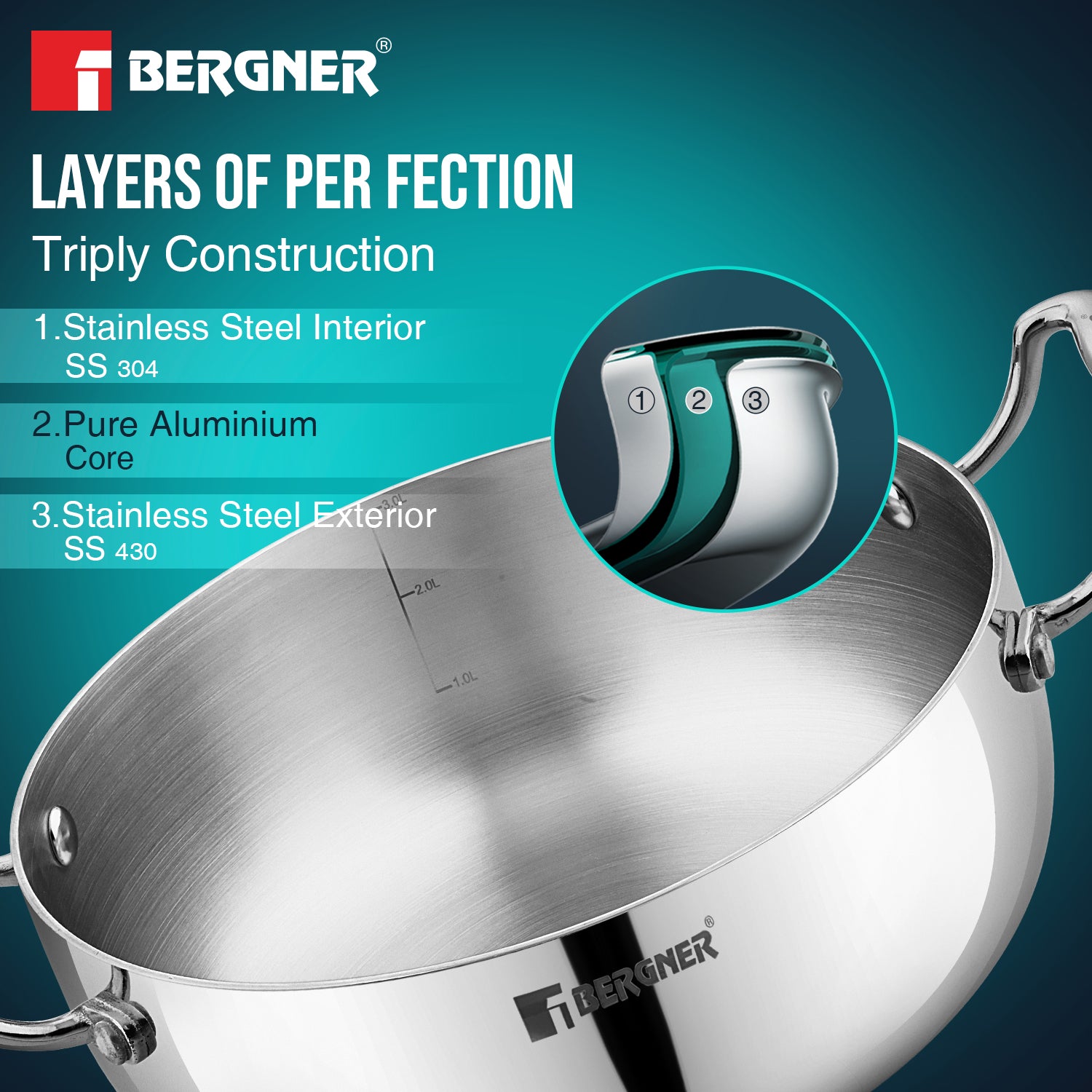 Bergner Argent Saiba Triply Stainless Steel Multi Purpose Casserole with Curved Shape Lid and Welded Cast Handles, Less Oil Cooking - Induction Bottom