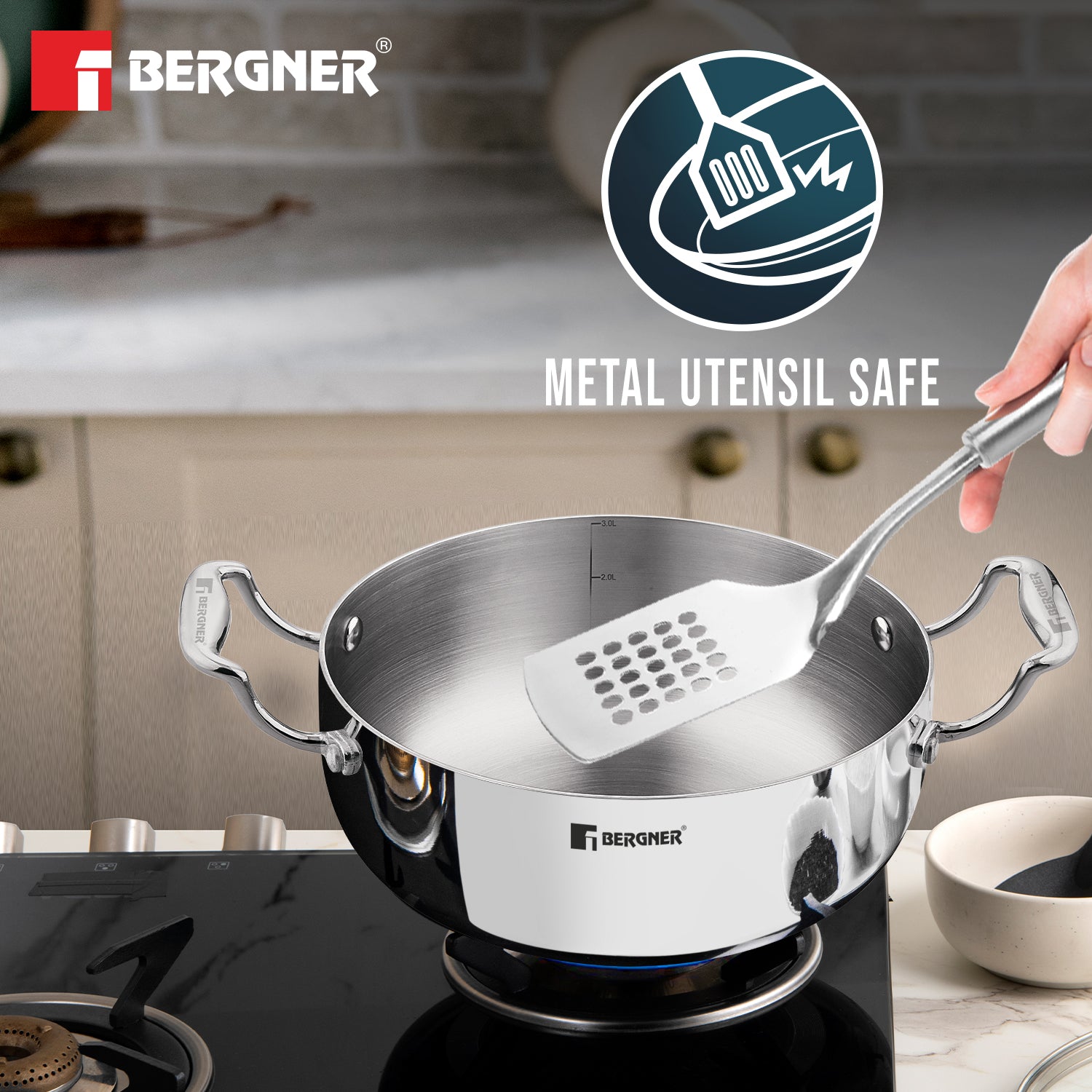 Bergner Argent Saiba Triply Stainless Steel Multi Purpose Casserole with Curved Shape Lid and Welded Cast Handles, Less Oil Cooking - Induction Bottom