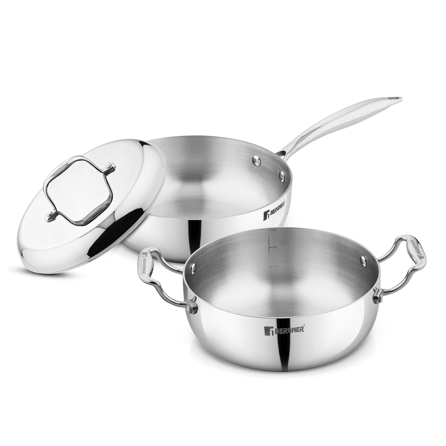 Bergner Argent Saira Saiba Triply Stainless Steel 3 Pcs Cookware Set - Multi Frypan and Casserole with Common Stainless Steel Lid, Less Oil Use - Induction Bottom