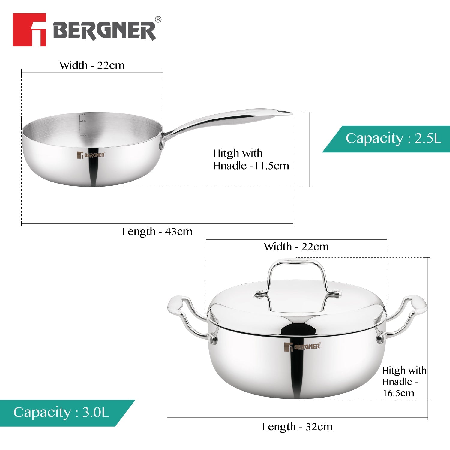Argent Saira Saiba Tri-Ply Stainless Steel 3 Pcs Cookware Set