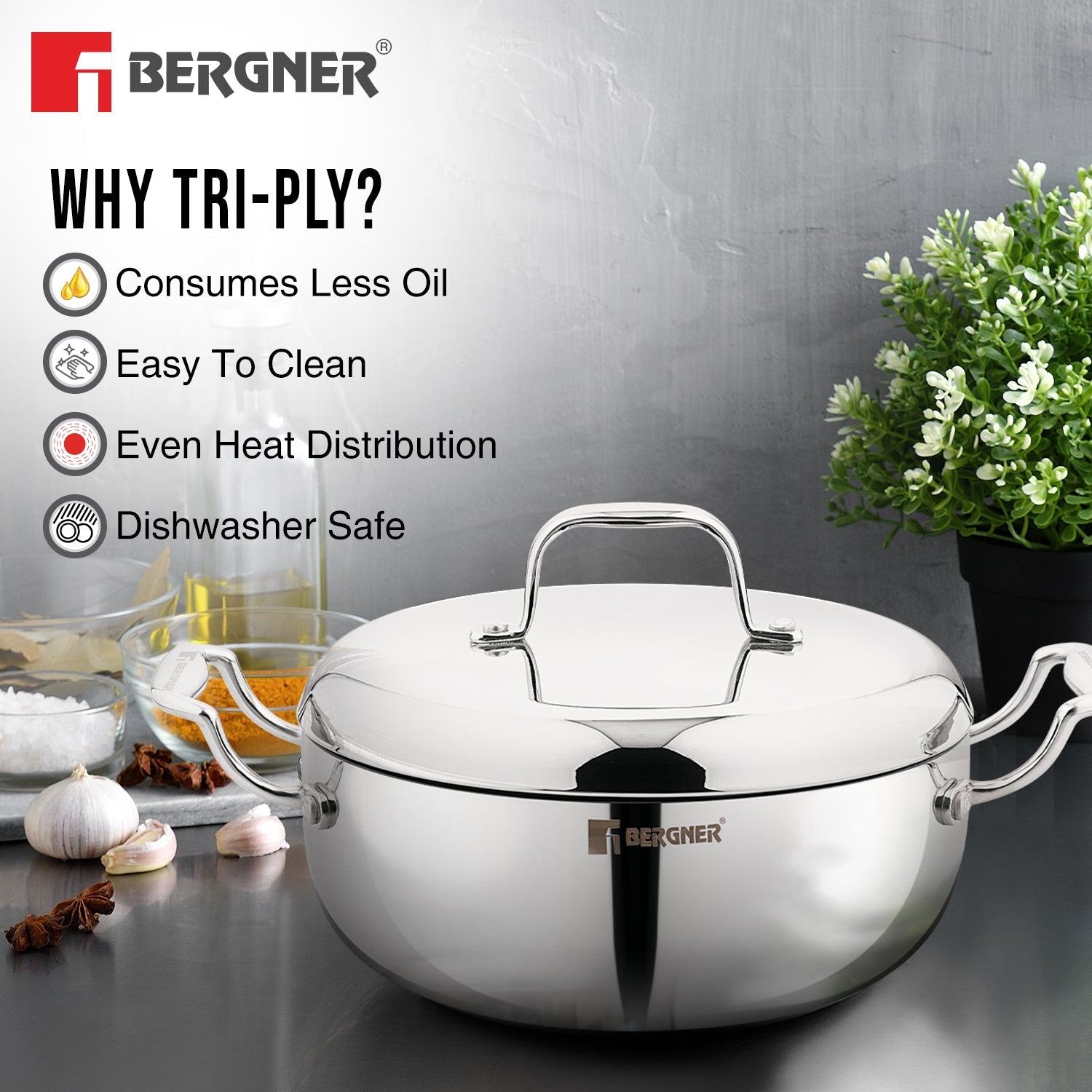 Argent Saira Saiba Tri-Ply Stainless Steel 3 Pcs Cookware Set