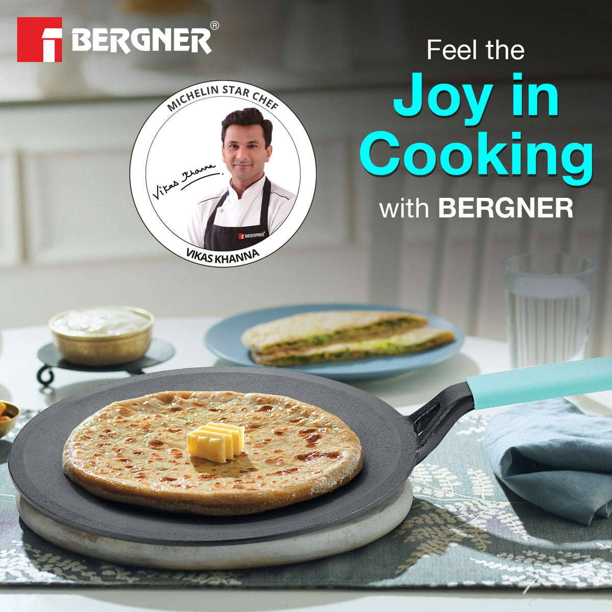 Bergner Eco Cast Iron 26cm Roti Tawa, Comes with Silicone Sleeve - Induction Bottom (Black)