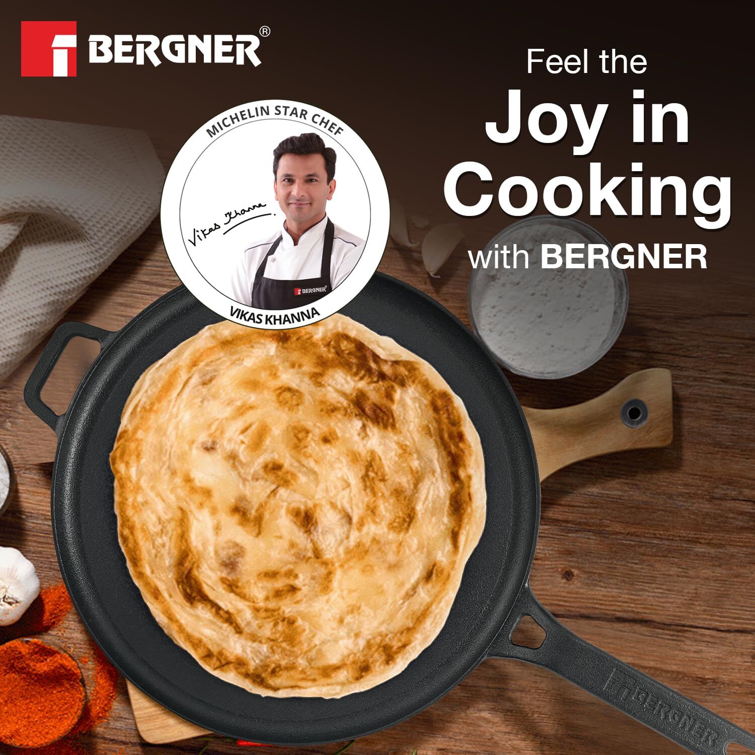 Bergner Eco Cast Iron 28cm Dosa Tawa, Pre-Seasoned, Comes with Silicone Sleeve - Induction Bottom