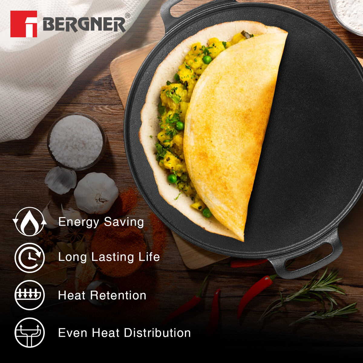 Bergner Eco Cast Iron 3 Pcs Cookware Set - 24cm Kadai, 19cm Frypan, 30cm Dosa Tawa, Pre-Seasoned Finishing, Hand Wash Recommended